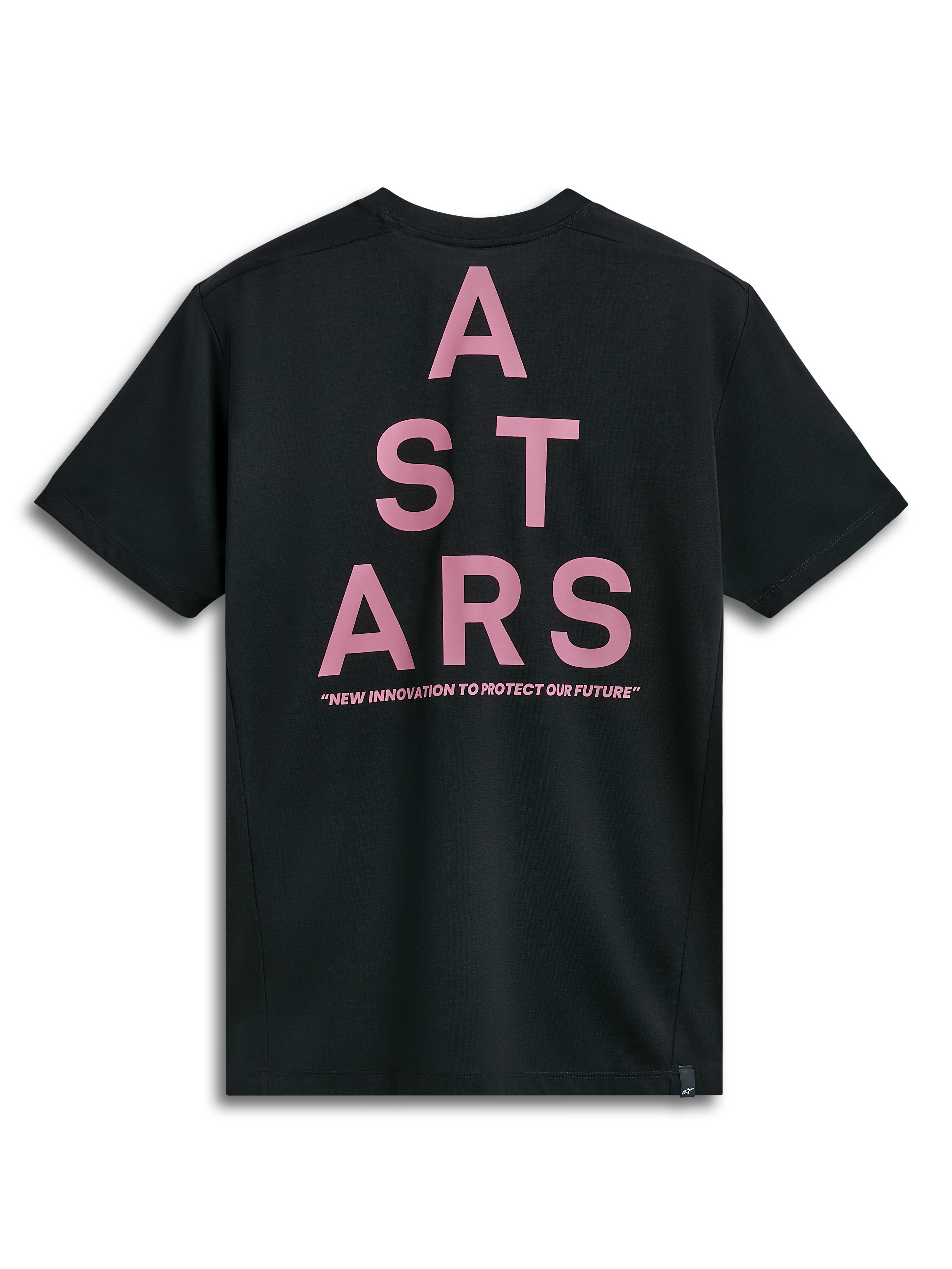 Alpinestars Attrition Performance Tee, T-shirt met korte mouwen, zwart, achteraanzicht met een grote roze ASTARS-blokgraphic en de tekst 'NEW INNOVATION TO PROTECT OUR FUTURE', duurzame prestatiegerichte sportkleding