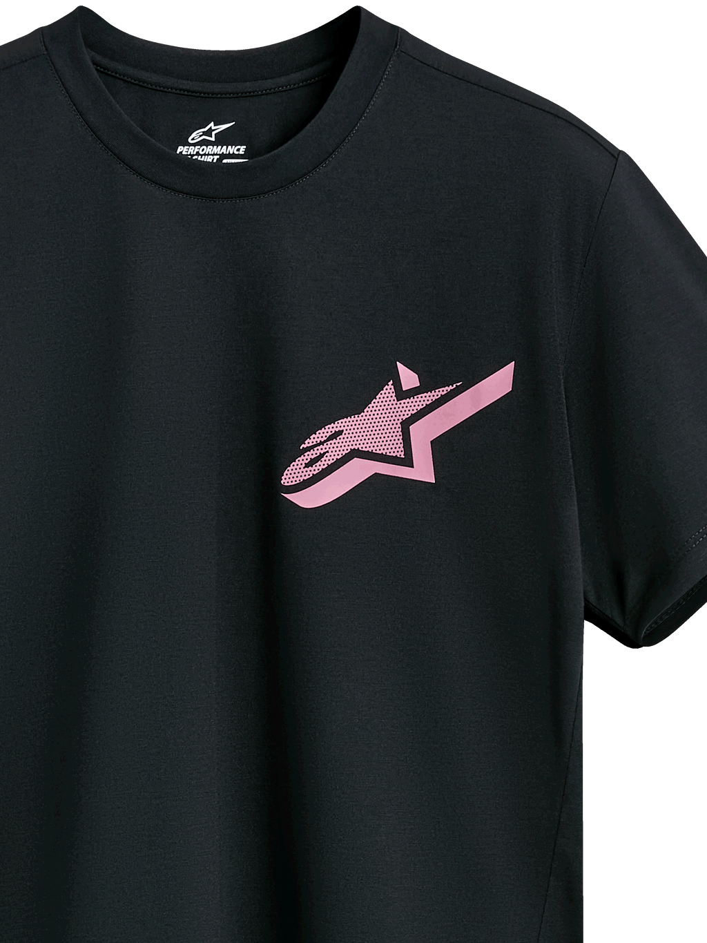 Alpinestars Attrition Performance Tee, T-shirt met korte mouwen, zwart met roze Astars-logo op de borst, ronde hals, performance sportswear