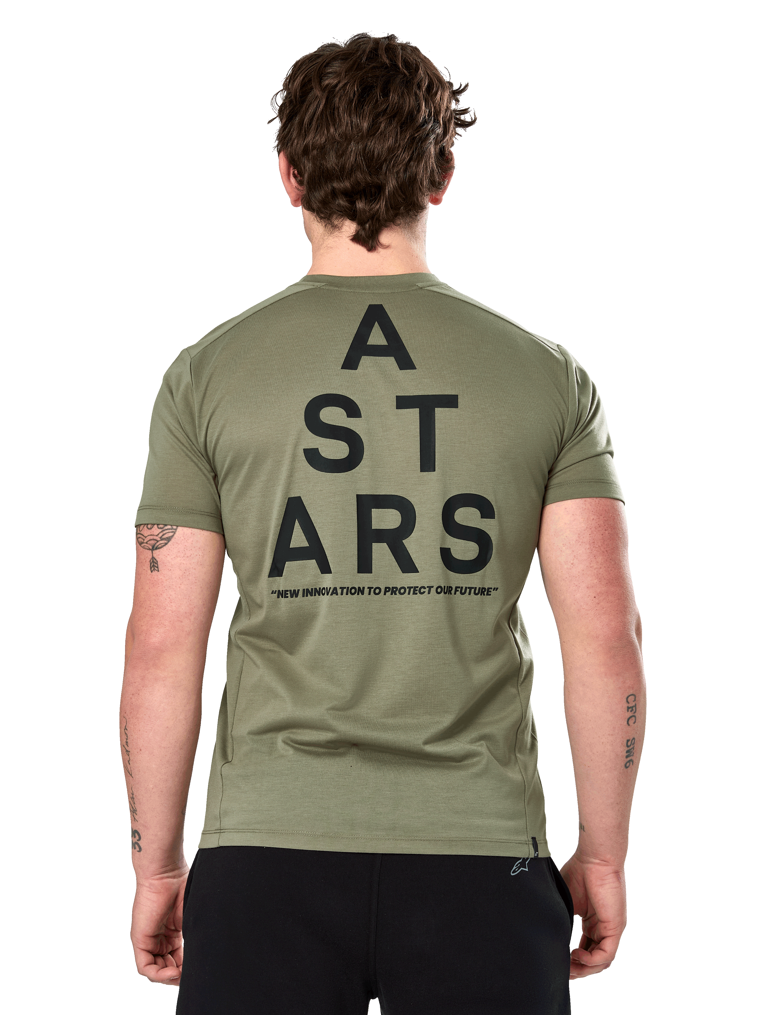 Alpinestars Attrition Performance Tee, T-shirt met korte mouwen, lichtgroen, achteraanzicht met grote zwarte gestapelde 'A STARS' grafische print en 'NEW INNOVATION TO PROTECT OUR FUTURE' tekst, duurzame sportkleding