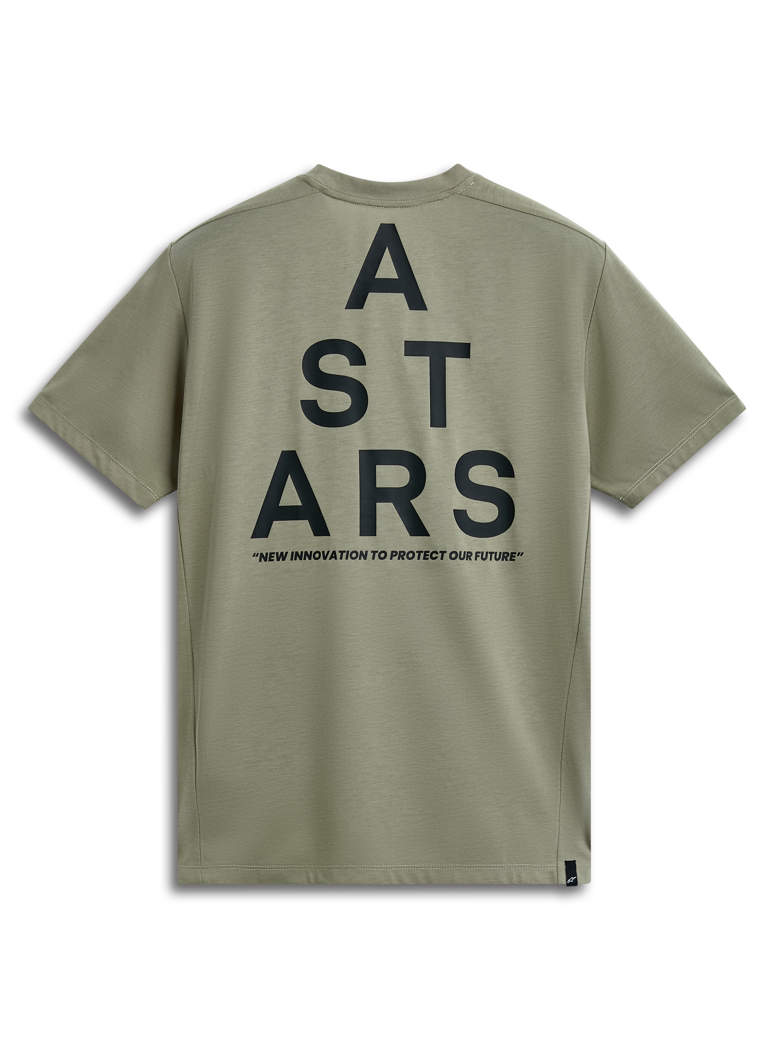 Alpinestars Attrition Performance Tee, T-shirt met korte mouwen, lichtgroen, achteraanzicht met grote zwarte gestapelde ASTARS-graphic en 'NEW INNOVATION TO PROTECT OUR FUTURE' slogan, casual performance-sportkleding
