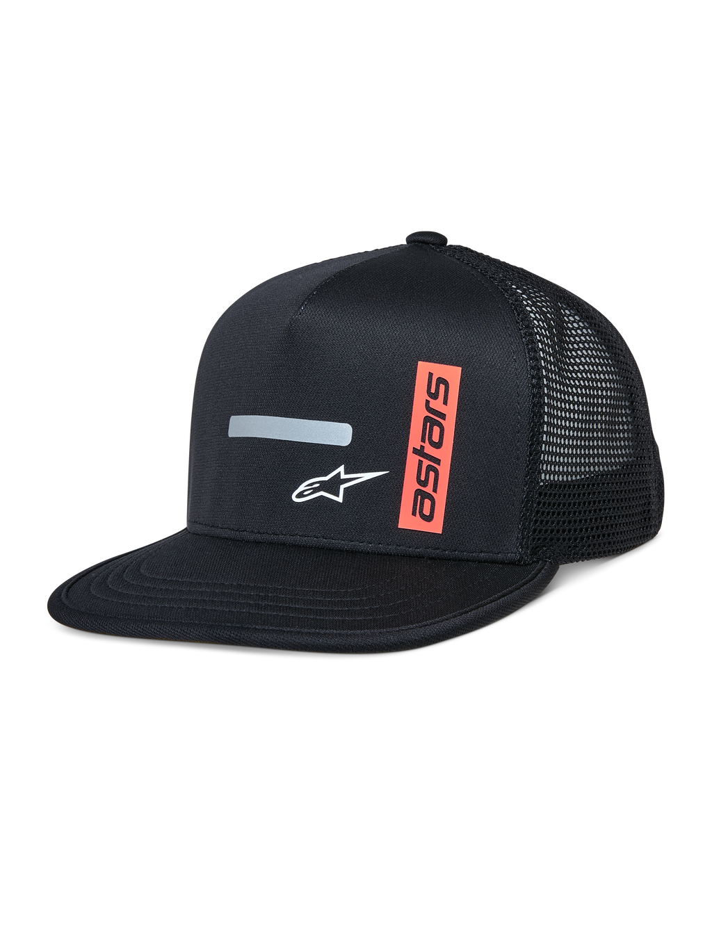Alpinestars Alter Trucker Hat, zwarte truckerpet met gestructureerde kroon en platte klep, ademende meshrug, met een horizontale grijze reflecterende streep, wit A-star logo en een verticale oranje astars-graphic, casual motorsport-geïnspireerde streetwear