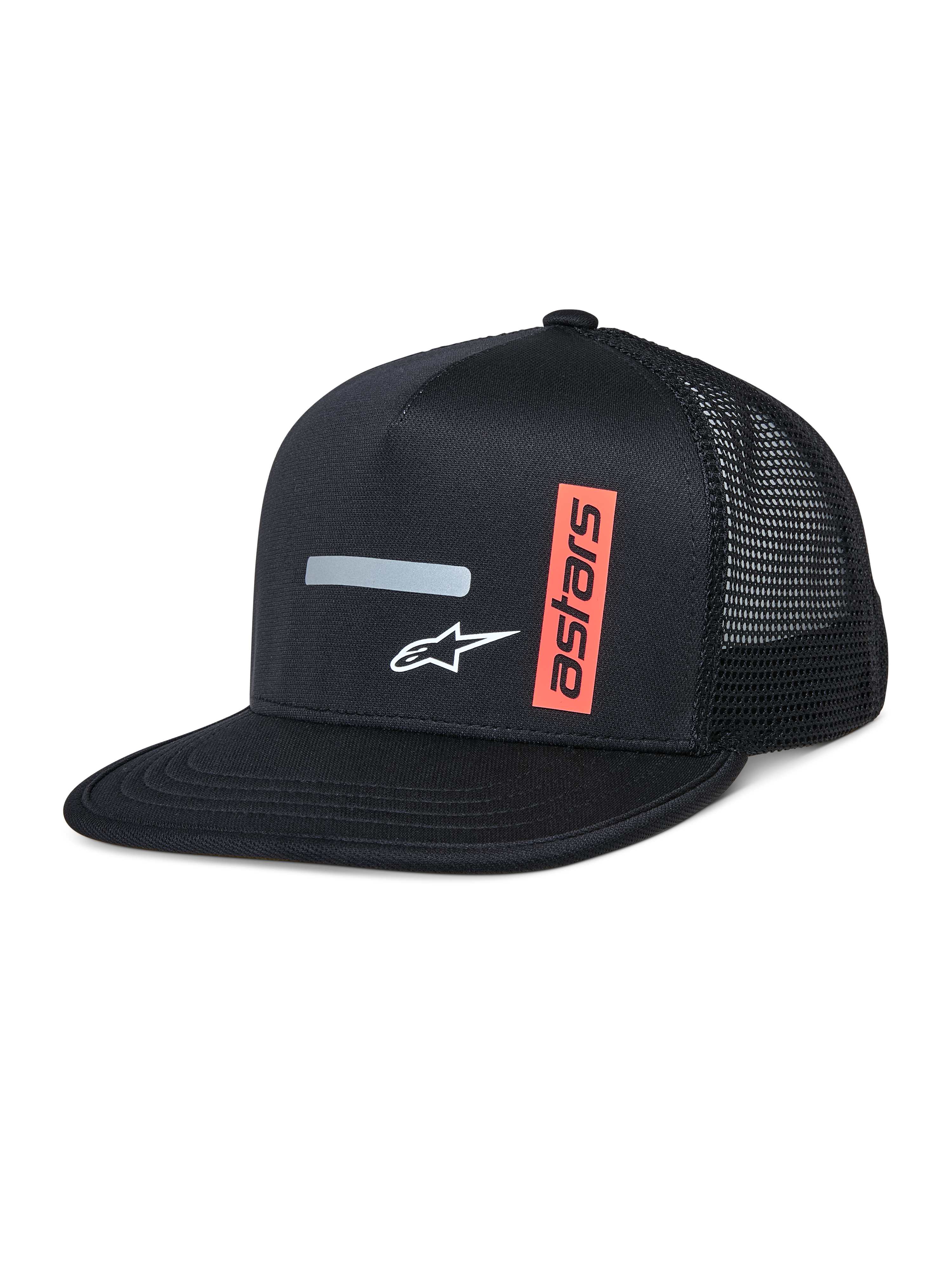 Alpinestars Alter Trucker Hat, zwarte truckerpet met gestructureerde kroon en platte klep, ademende meshrug, met een horizontale grijze reflecterende streep, wit A-star logo en een verticale oranje astars-graphic, casual motorsport-geïnspireerde streetwear