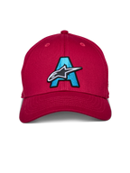 Alpinestars Elemental pet, rood, gestructureerde pet met gebogen klep, voorzien van een groot lichtblauw geborduurd 'A'-logo en een wit-zwart Alpinestars ster-logo op de voorkant, casual motorsport hoofdbedekking