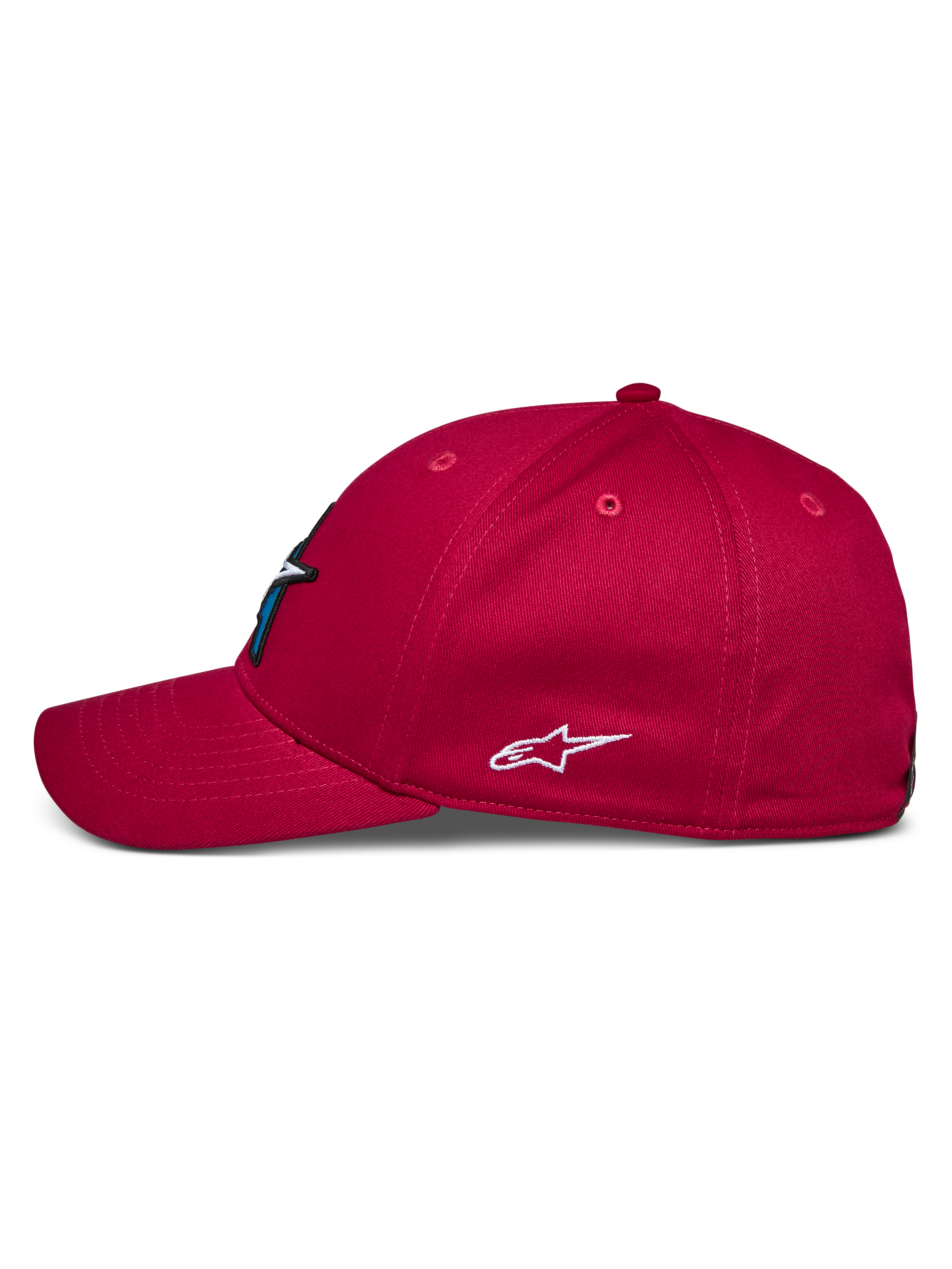 Alpinestars Elemental pet, rood, zijaanzicht, gebogen klep en gestructureerde kroon, wit geborduurd Alpinestars-logo op de zijkant, casual motorsport-geïnspireerd hoofddeksel