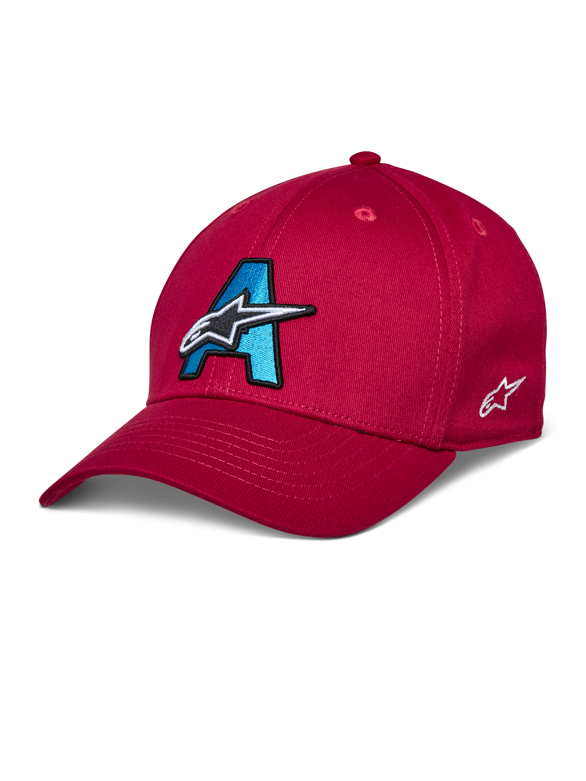 Alpinestars Elemental Hat, Red Baseball Cap, Cyan Blue and Black 3D Embroidered A Logo, White Star design, Curved Bill, Structured Crown, Casual Motorsport Headwear