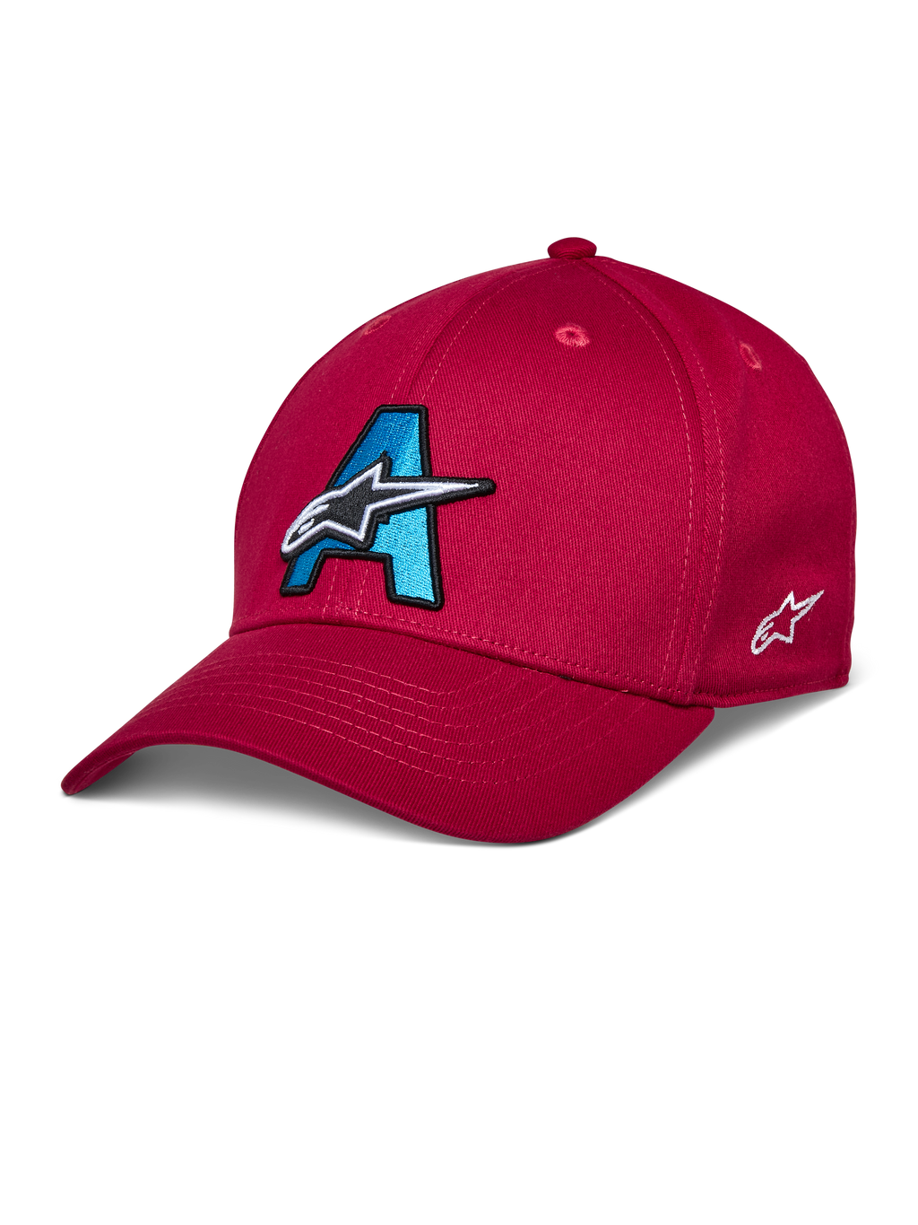 Alpinestars Elemental pet, rode baseballcap, cyaanblauw en zwart 3D-geborduurd A-logo, wit sterontwerp, gebogen klep, gestructureerde kroon, casual motorsport hoofddeksel