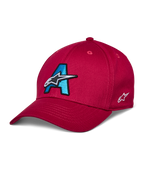 Alpinestars Elemental pet, rode baseballcap, cyaanblauw en zwart 3D-geborduurd A-logo, wit sterontwerp, gebogen klep, gestructureerde kroon, casual motorsport hoofddeksel