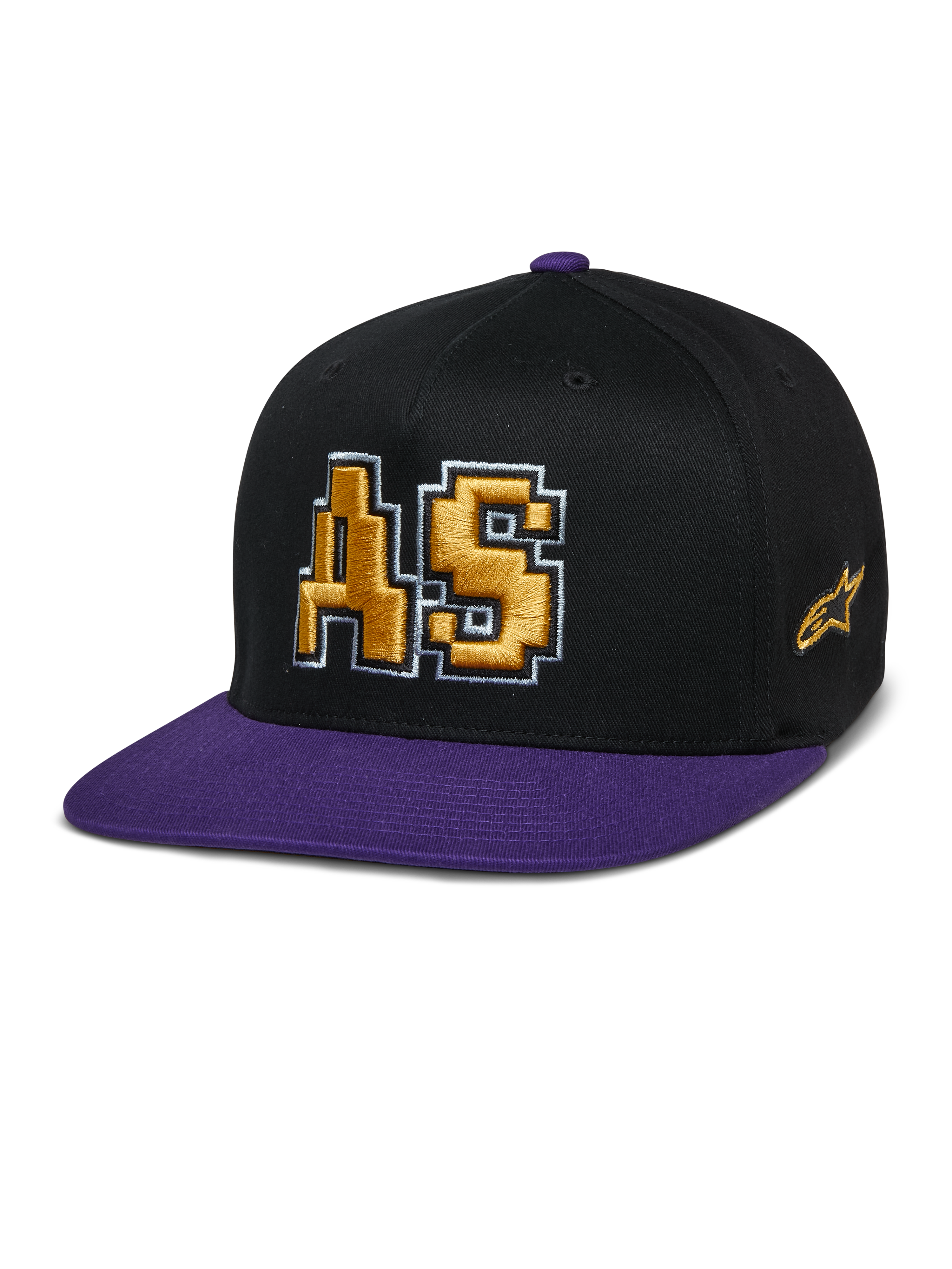 Alpinestars Franchise Hat, casquette à visière plate, noir et violet, logo AS brodé en 3D doré avec contour blanc, visière et bouton supérieur violets, design Flex Fit structuré