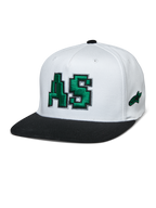 Alpinestars Franchise pet, witte kroon met zwarte platte klep, groen 3D-geborduurd AS-logo, flexibele baseballcap, motorsport lifestyle hoofddeksel