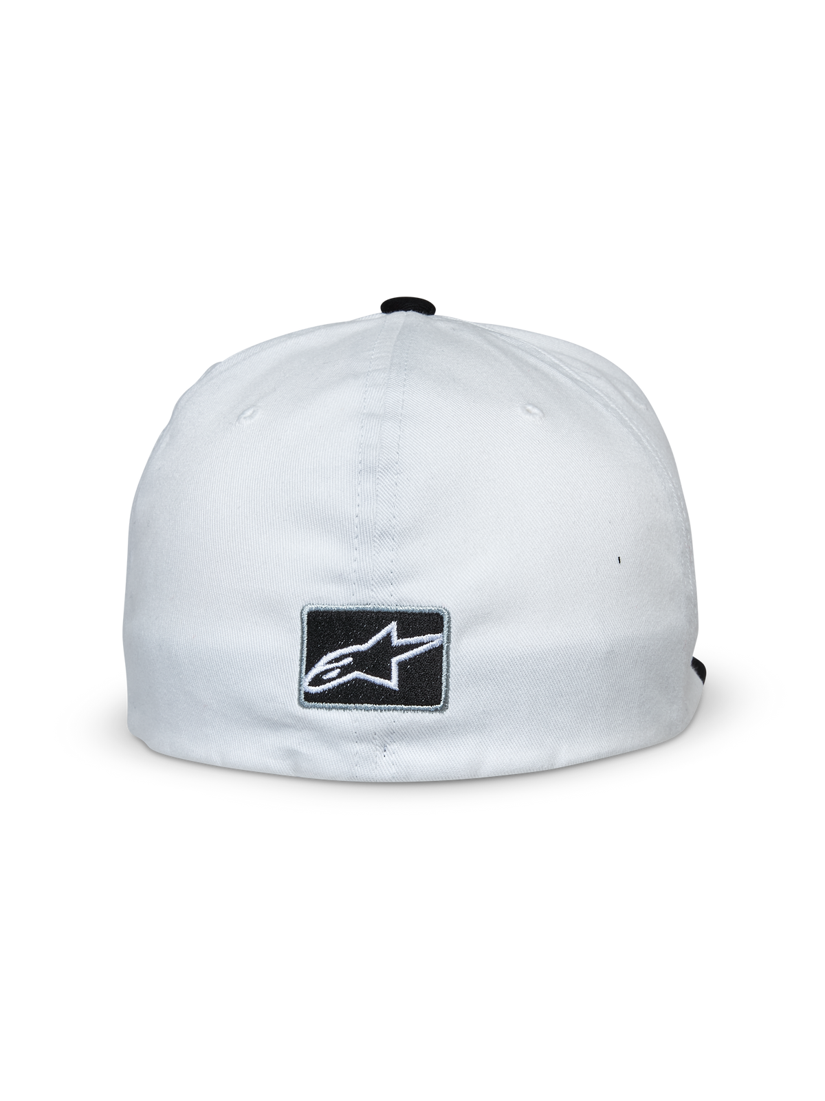 Alpinestars Franchise pet, wit en zwart, achteraanzicht met een zwarte rechthoekige patch met wit Alpinestars sterlogo, flexibele achterkant, casual motorsport-geïnspireerde hoofdbedekking