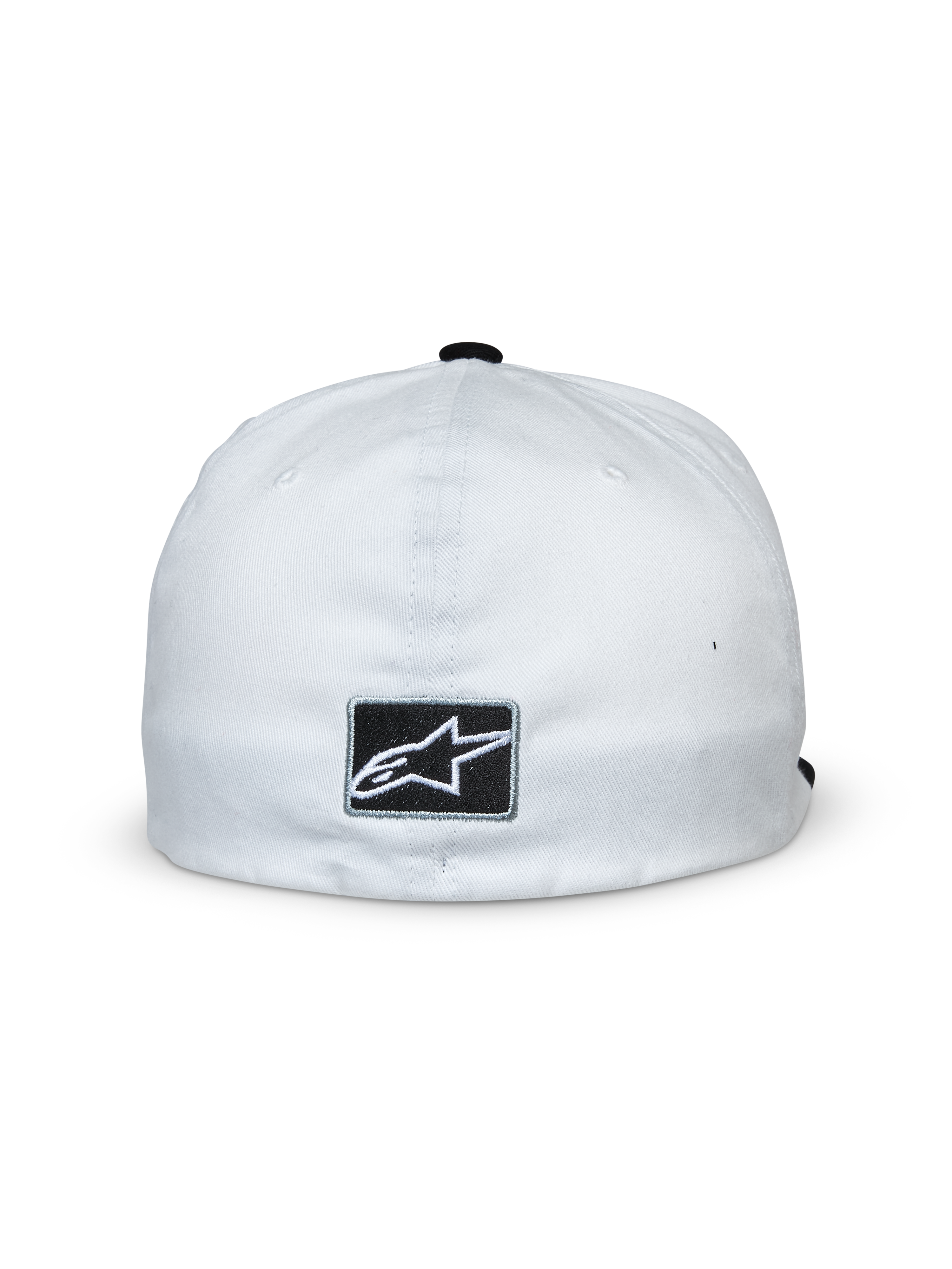 Alpinestars Franchise pet, wit en zwart, achteraanzicht met een zwarte rechthoekige patch met wit Alpinestars sterlogo, flexibele achterkant, casual motorsport-geïnspireerde hoofdbedekking