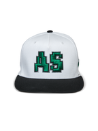 Alpinestars Franchise pet, pet met platte klep, wit en zwart, groen 3D geborduurd AS-logo op de voorkant, gestructureerde kroon met zwarte platte klep, casual op motorsport geïnspireerde hoofdbedekking