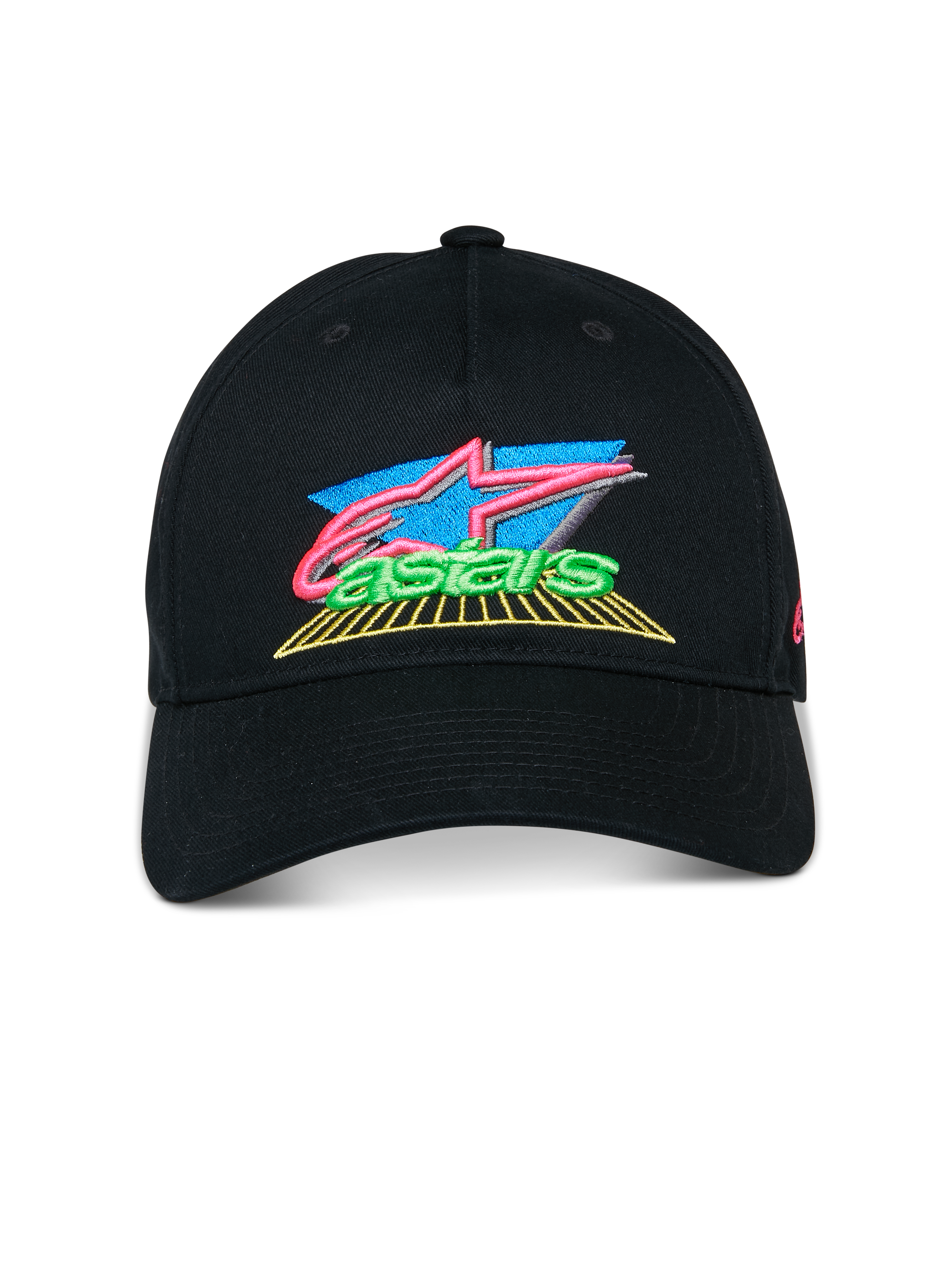 Alpinestars Vivid pet, zwarte baseballcap met opvallend 3D geborduurd logo met roze, blauwe en groene accenten, gebogen klep, semi-gestructureerde lage kroon, casual motorsport streetwear