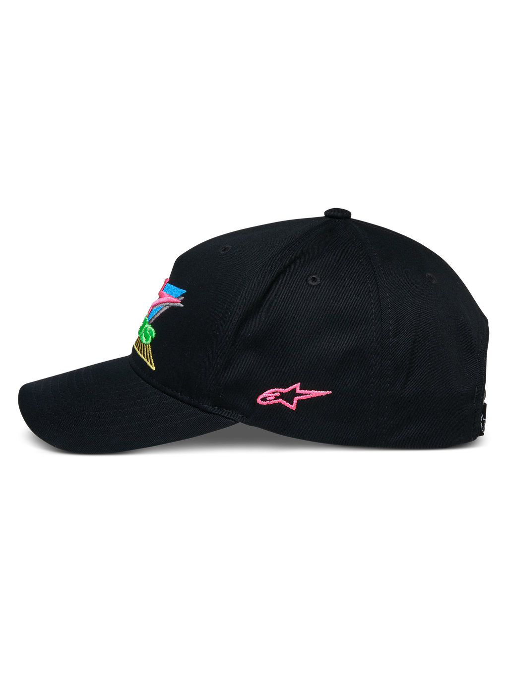 Alpinestars Vivid Pet, zwarte snapback baseballcap, zijprofiel met een roze geborduurd sterlogo en kleurrijke 3D-branding op de voorkant, gebogen klep, casual motorsport-geïnspireerde streetwear