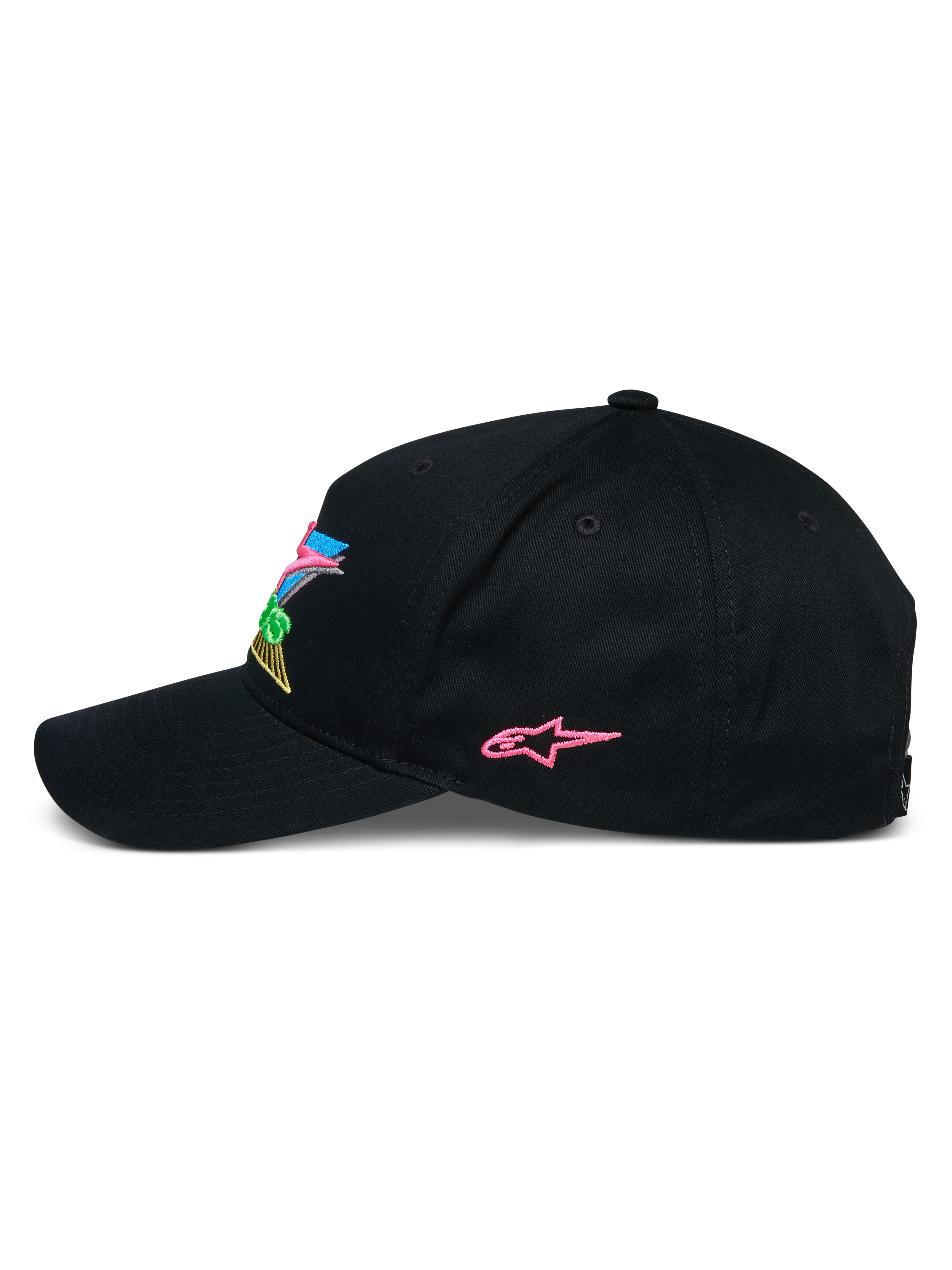 Alpinestars Vivid Pet, zwarte snapback baseballcap, zijprofiel met een roze geborduurd sterlogo en kleurrijke 3D-branding op de voorkant, gebogen klep, casual motorsport-geïnspireerde streetwear