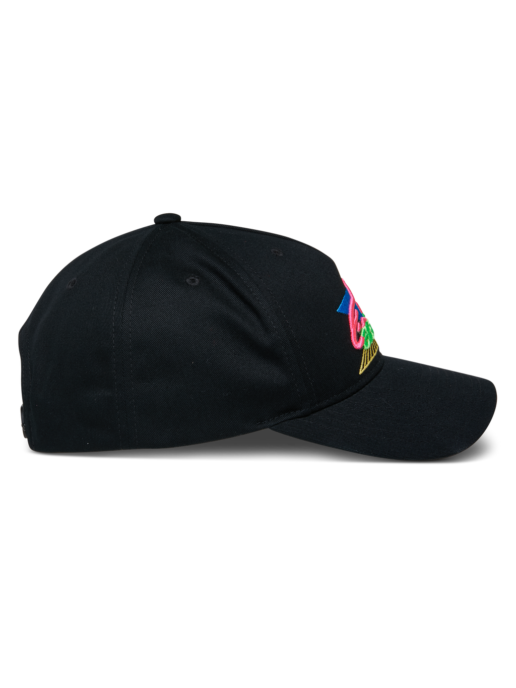 Alpinestars Vivid pet, zwarte baseballcap, zijaanzicht met gebogen klep en semi-gestructureerde kroon, kleurrijk 3D geborduurd logo op de voorkant, casual katoenen keperstof streetwear