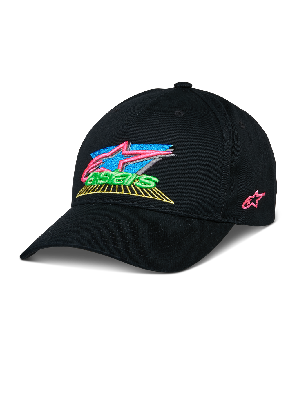 Alpinestars Vivid Pet, zwarte baseballcap met kleurrijk 3D-geborduurd logo, levendige roze, blauwe, groene en gele accenten, gestructureerde gebogen klep, casual op motorsport geïnspireerde streetwear