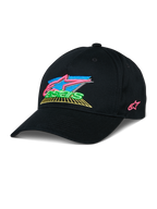 Alpinestars Vivid Pet, zwarte baseballcap met kleurrijk 3D-geborduurd logo, levendige roze, blauwe, groene en gele accenten, gestructureerde gebogen klep, casual op motorsport geïnspireerde streetwear