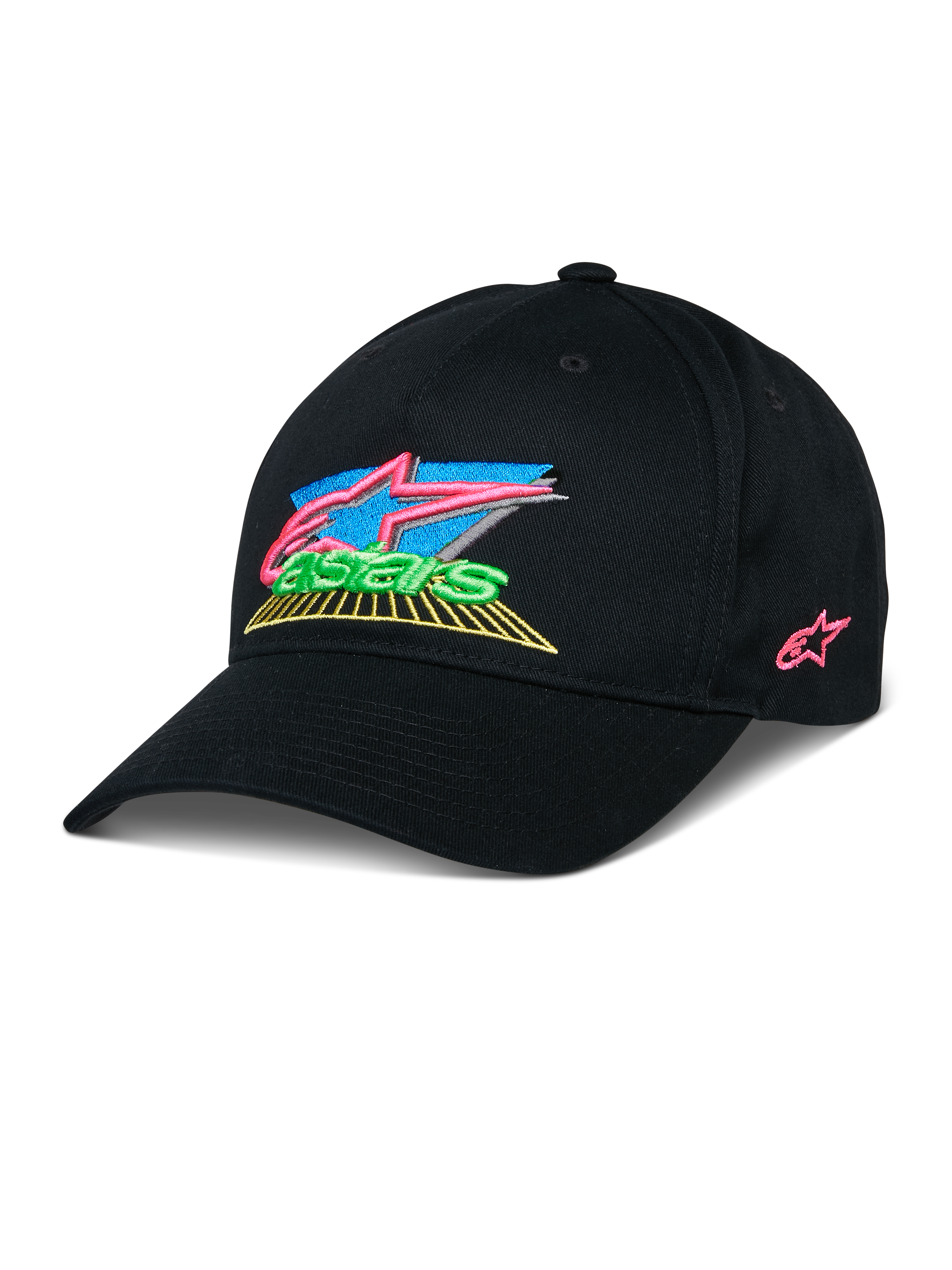 Casquette Alpinestars Vivid, casquette de baseball noire avec logo brodé en 3D coloré, arborant des accents vifs en rose, bleu, vert et jaune, visière courbée structurée, streetwear décontracté inspiré du sport automobile