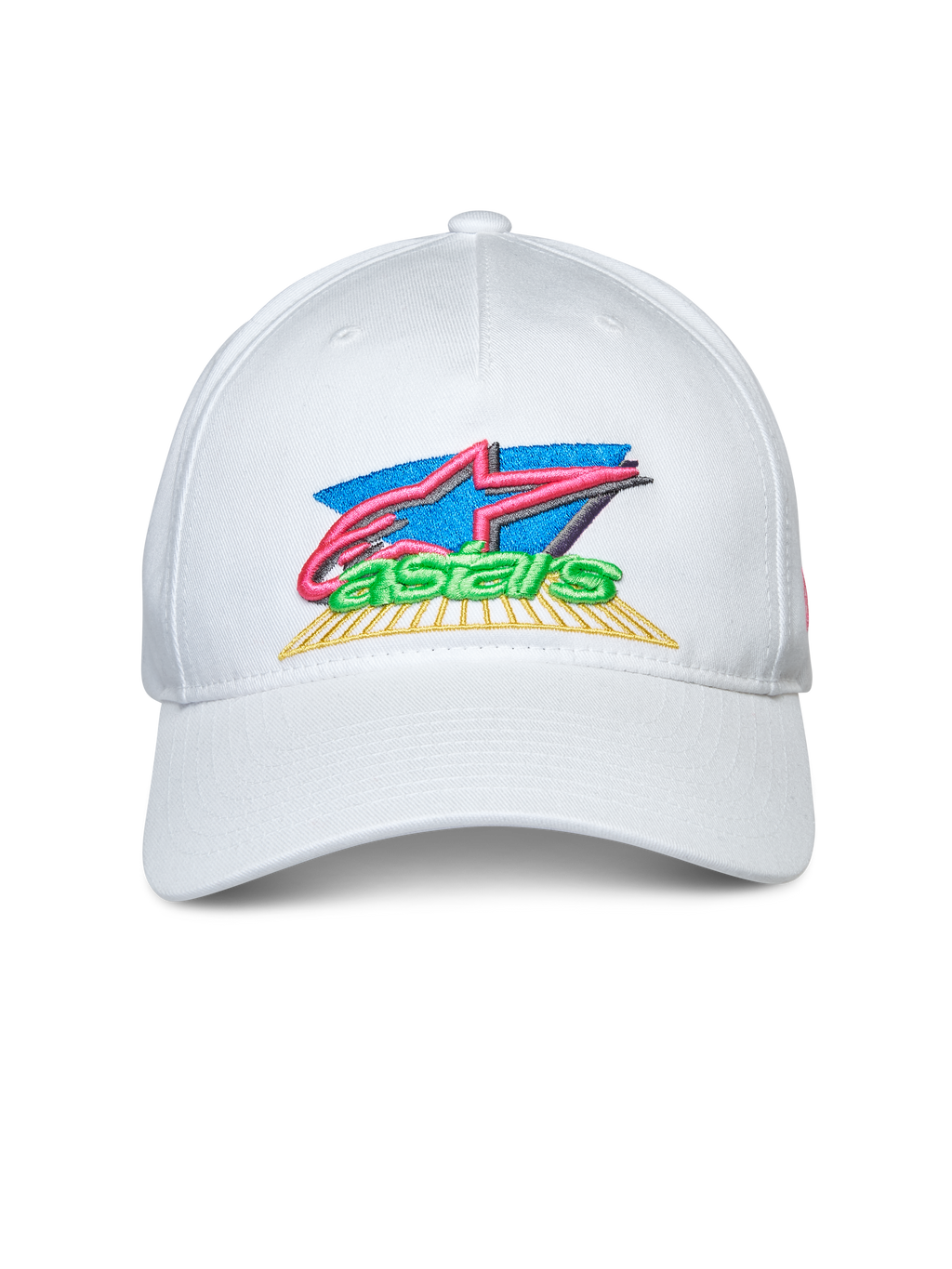 Alpinestars Vivid pet, witte snapback pet met gebogen klep, kleurrijk 3D en plat geborduurd logo aan de voorzijde, casual sportkleding