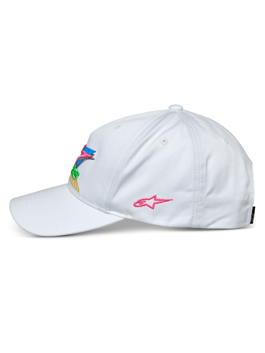 Alpinestars Vivid pet, wit, zijaanzicht van een baseballcap, gebogen klep en semi-gestructureerde lage kroon, voorzien van kleurrijk 3D-borduurwerk aan de voorkant en een roze sterlogo aan de zijkant, casual sportswear