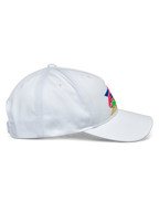 Alpinestars Vivid pet, wit, zijaanzicht, semi-gestructureerde baseballcap met lage kroon en gebogen klep, katoenen twill-stof, voorzien van levendig meerkleurig borduurwerk op de voorkant, casual pet
