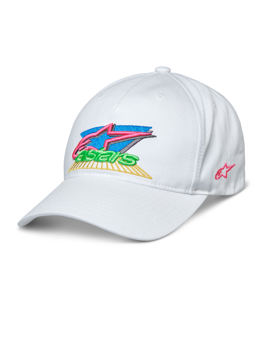 Alpinestars Vivid Hat, witte baseballcap, 3D geborduurd kleurrijk Astars-logo met roze, blauw, groen en geel, gebogen klep, semi-gestructureerde lage kroon, casual sportswear