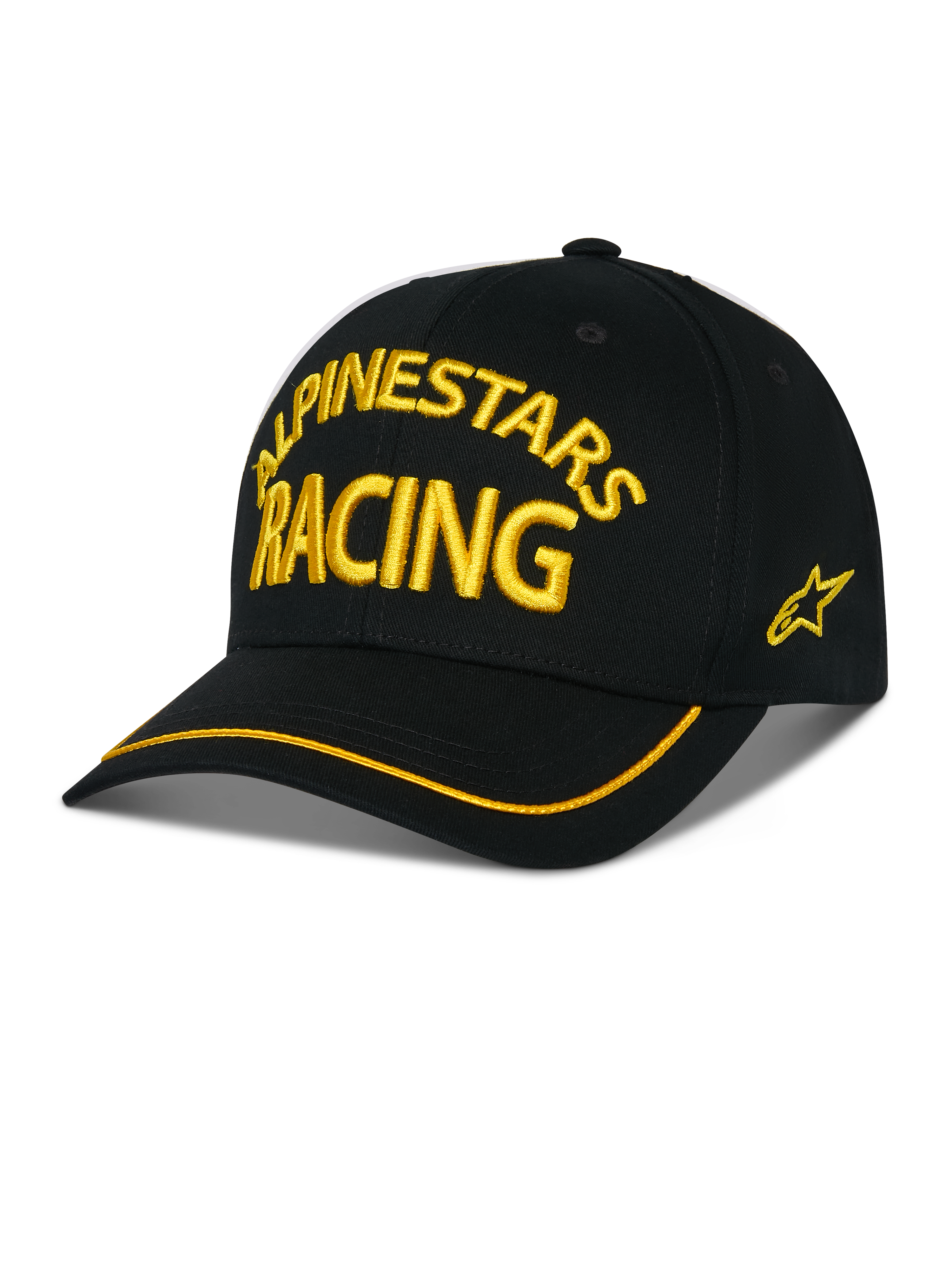 Casquette Alpinestars Luminary, casquette de baseball noire, broderie 3D jaune ALPINESTARS RACING, visière courbée avec liseré jaune, logo étoile sur le côté, style streetwear décontracté motorsport