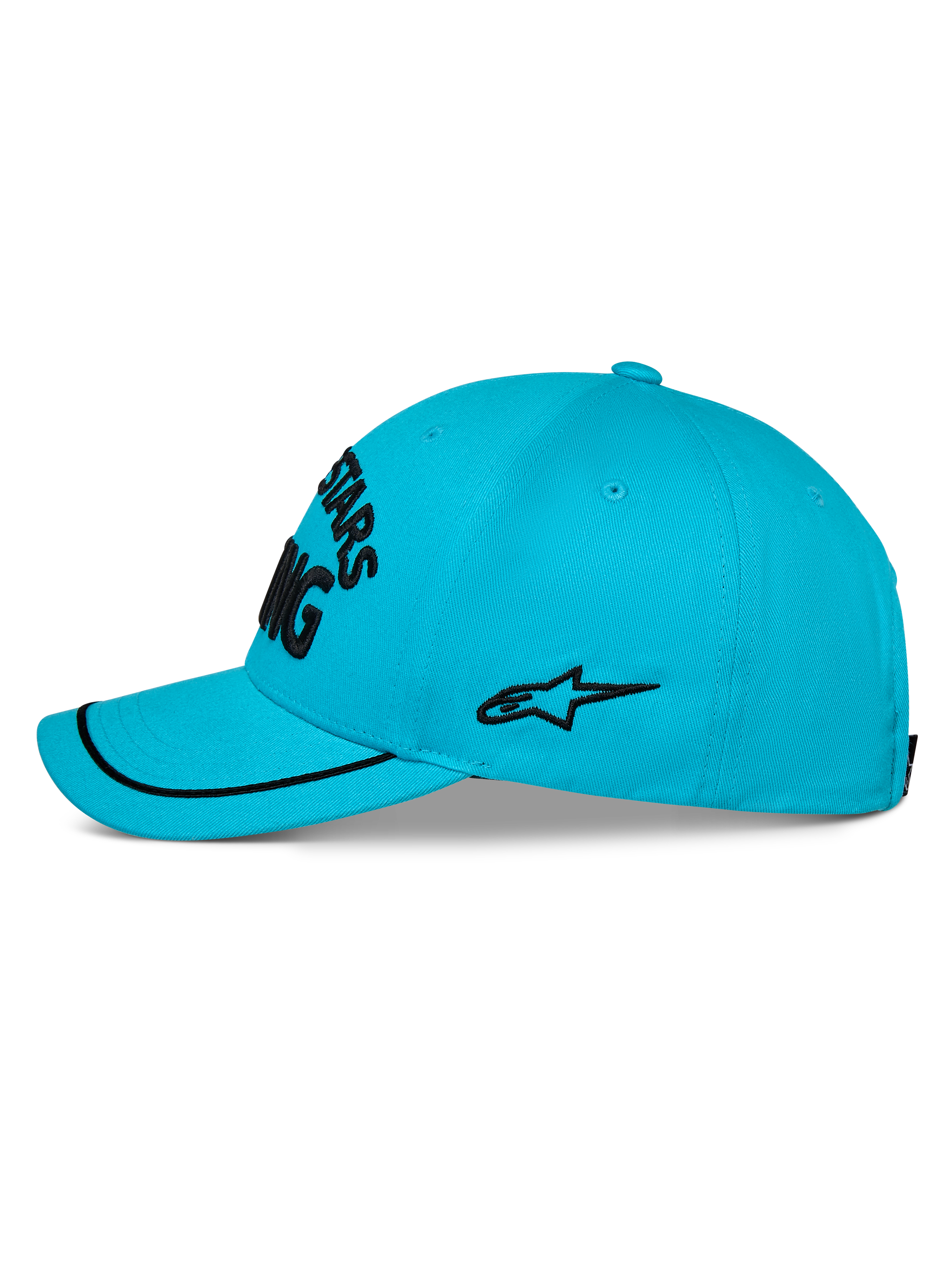 Alpinestars Luminary Hat, Aqua Blue baseball cap, side profile view, curved bill with black sutache trim, black embroidered side logo, structured crown, casual sportswear