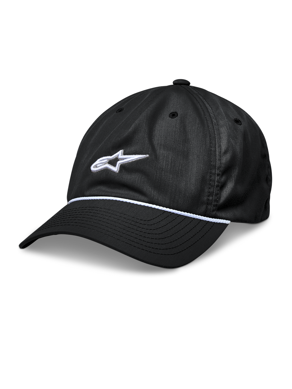 Casquette Alpinestars Tyler, casquette de baseball snapback noire, visière courbée avec garniture en corde tressée blanche, logo étoile brodé en 3D blanc, couronne basse non structurée, couvre-chef sportswear décontracté