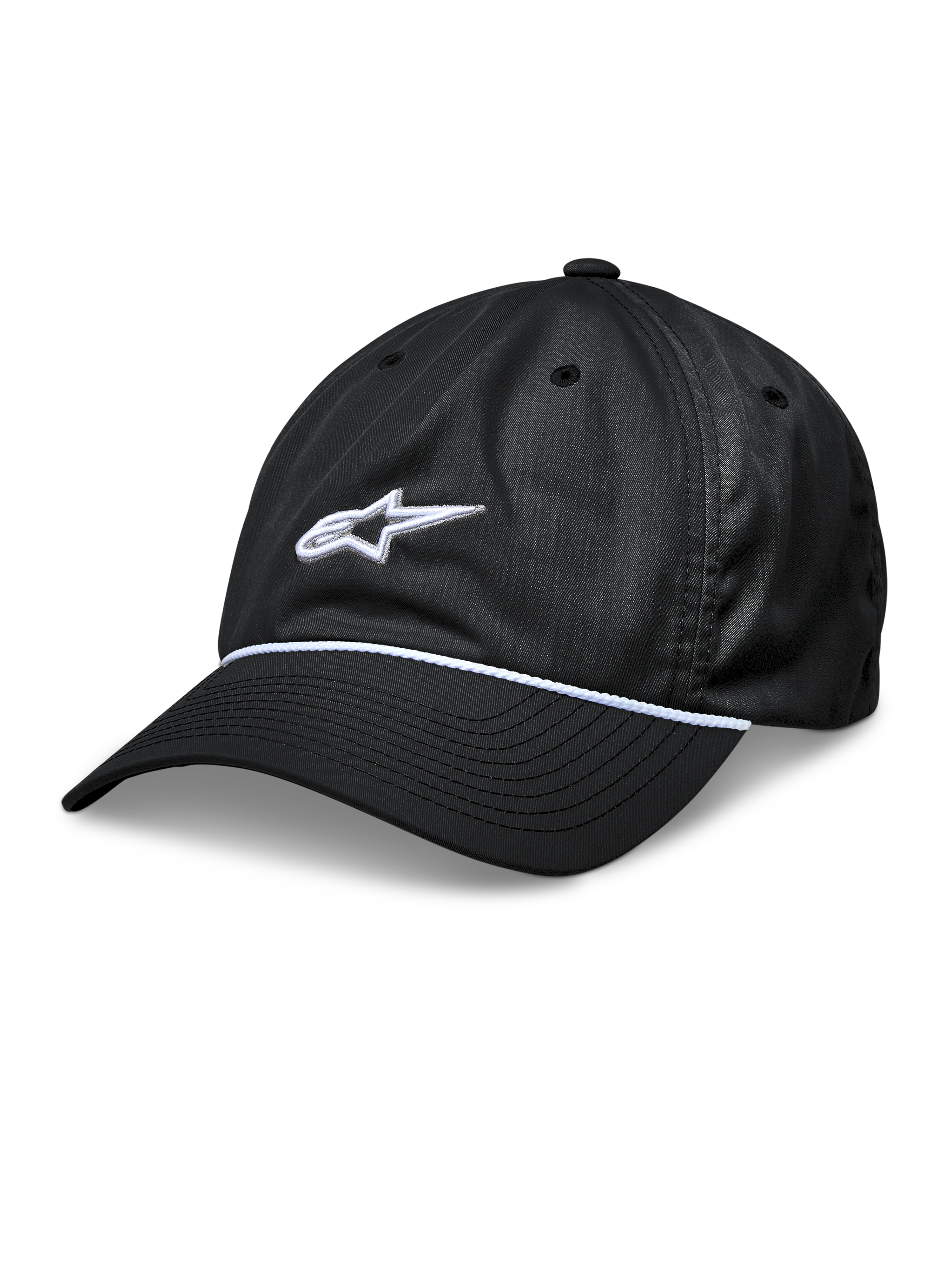 Casquette Alpinestars Tyler, casquette de baseball snapback noire, visière courbée avec garniture en corde tressée blanche, logo étoile brodé en 3D blanc, couronne basse non structurée, couvre-chef sportswear décontracté