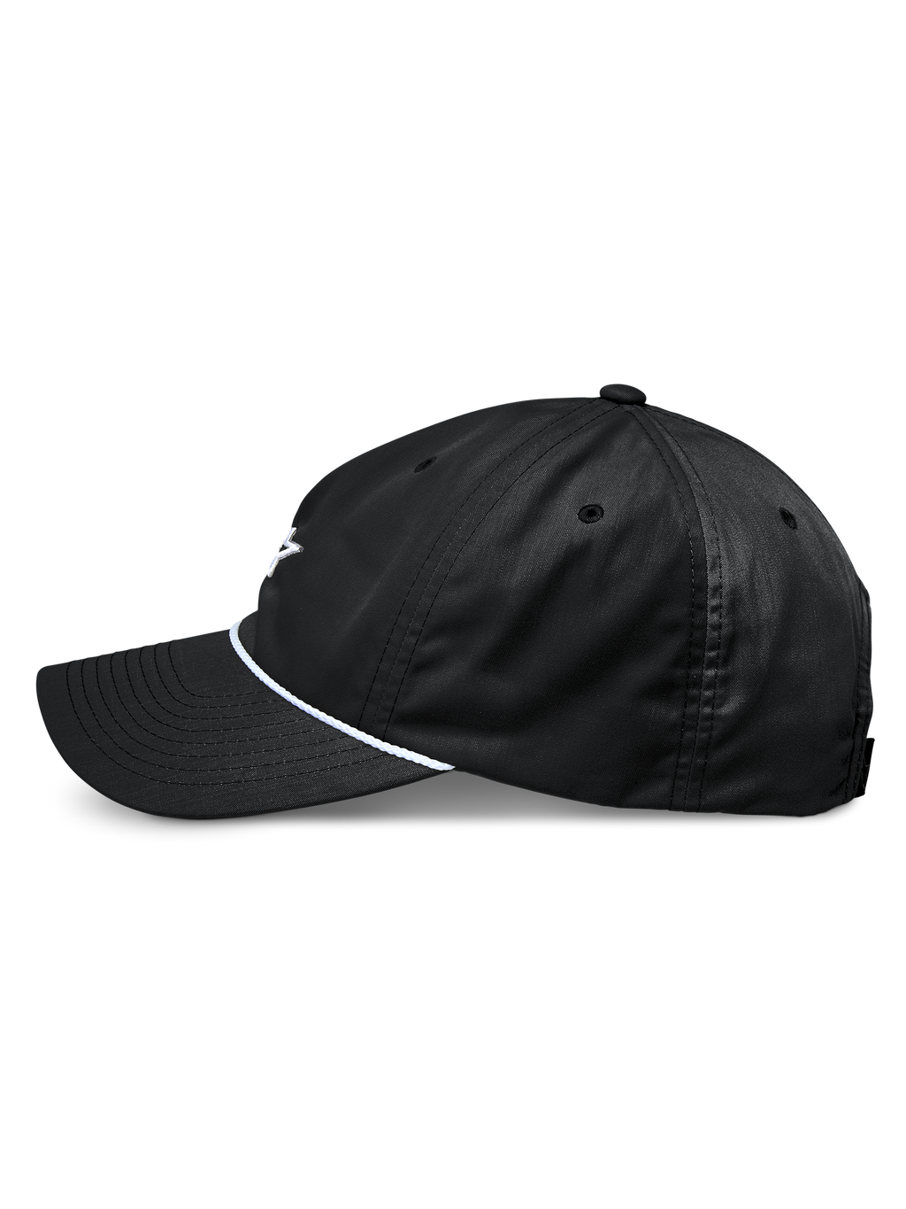 Casquette Alpinestars Tyler, casquette de baseball snapback noire, vue de profil, avec visière courbée et garniture en corde tressée blanche, couronne basse non structurée, fabriquée en sergé recyclé, design décontracté inspiré du motorsport