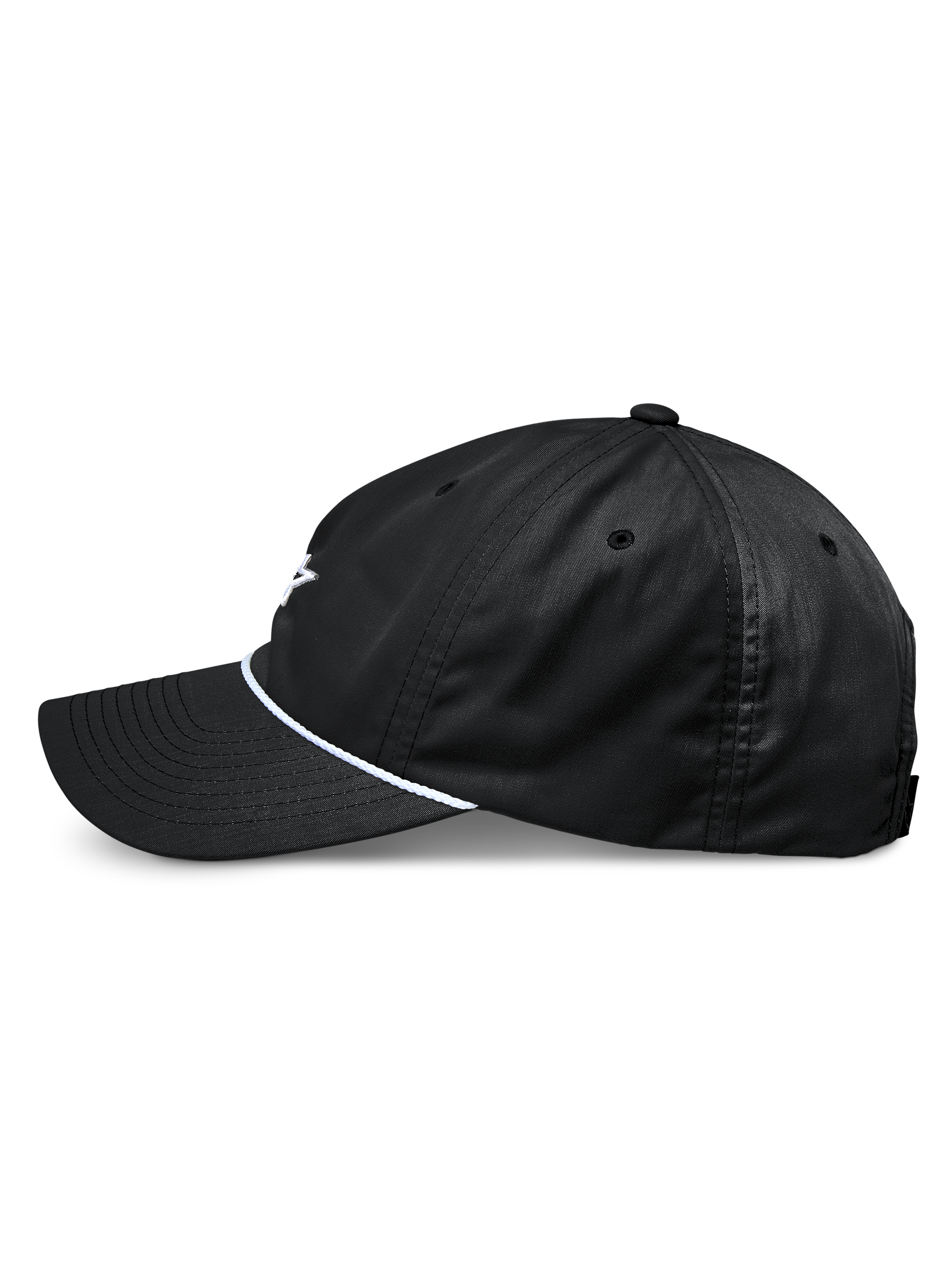 Casquette Alpinestars Tyler, casquette de baseball snapback noire, vue de profil, avec visière courbée et garniture en corde tressée blanche, couronne basse non structurée, fabriquée en sergé recyclé, design décontracté inspiré du motorsport