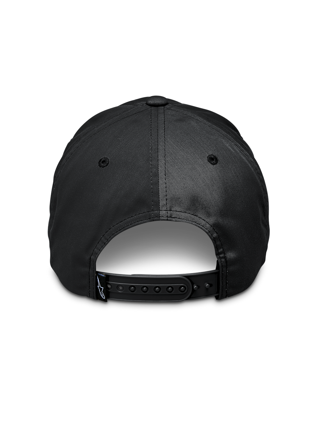 Casquette Alpinestars Tyler, noire, vue arrière montrant la fermeture à pression ajustable, petite étiquette avec logo sur la sangle, sergé de polyester recyclé, accessoire sportswear décontracté