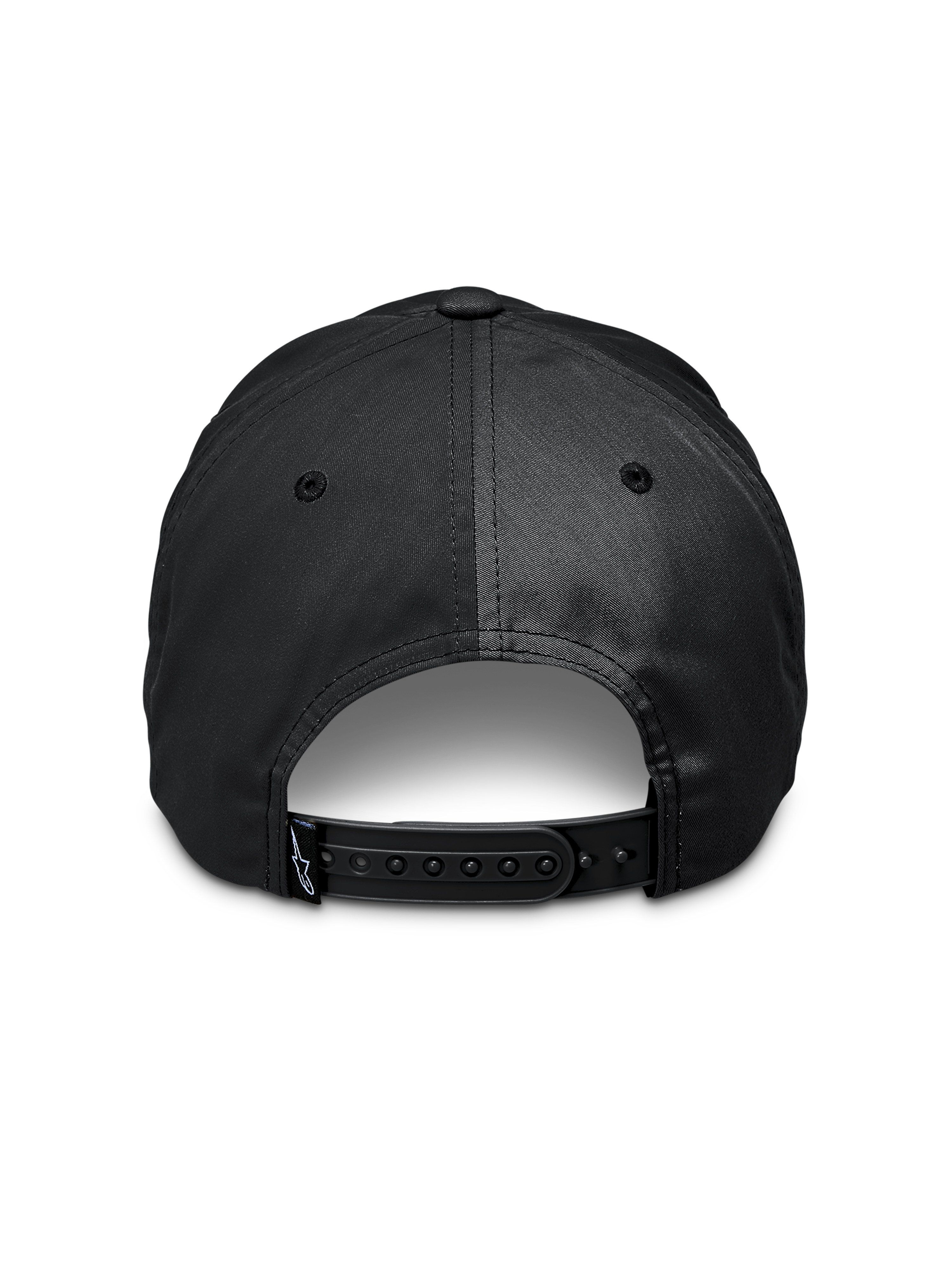 Casquette Alpinestars Tyler, noire, vue arrière montrant la fermeture à pression ajustable, petite étiquette avec logo sur la sangle, sergé de polyester recyclé, accessoire sportswear décontracté
