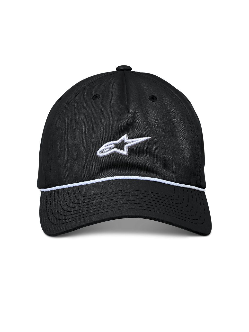 Casquette Tyler Alpinestars, casquette snapback noire, visière courbée avec garniture en corde tressée blanche, logo Astars brodé en blanc, sportswear décontracté