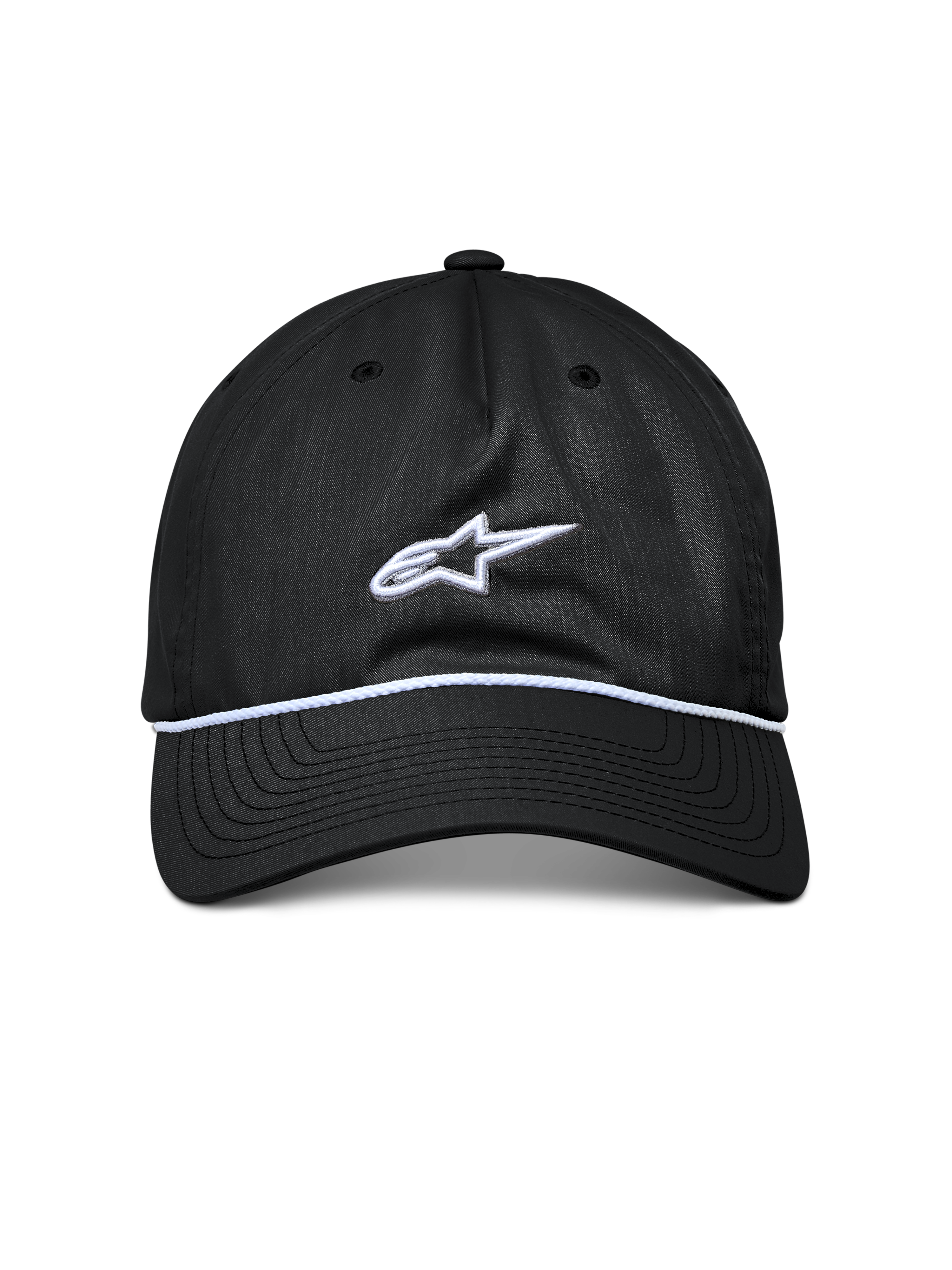 Casquette Tyler Alpinestars, casquette snapback noire, visière courbée avec garniture en corde tressée blanche, logo Astars brodé en blanc, sportswear décontracté