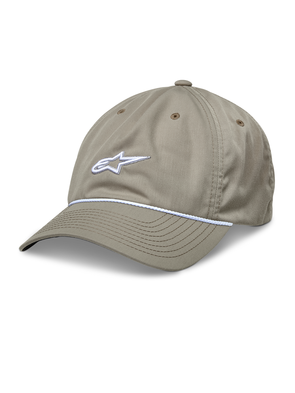 Casquette Alpinestars Tyler, casquette de baseball kaki, avec logo blanc brodé en 3D et bordure en corde tressée blanche, couronne basse non structurée avec visière courbée, et construction en sergé recyclé à six panneaux avec œillets d'aération.