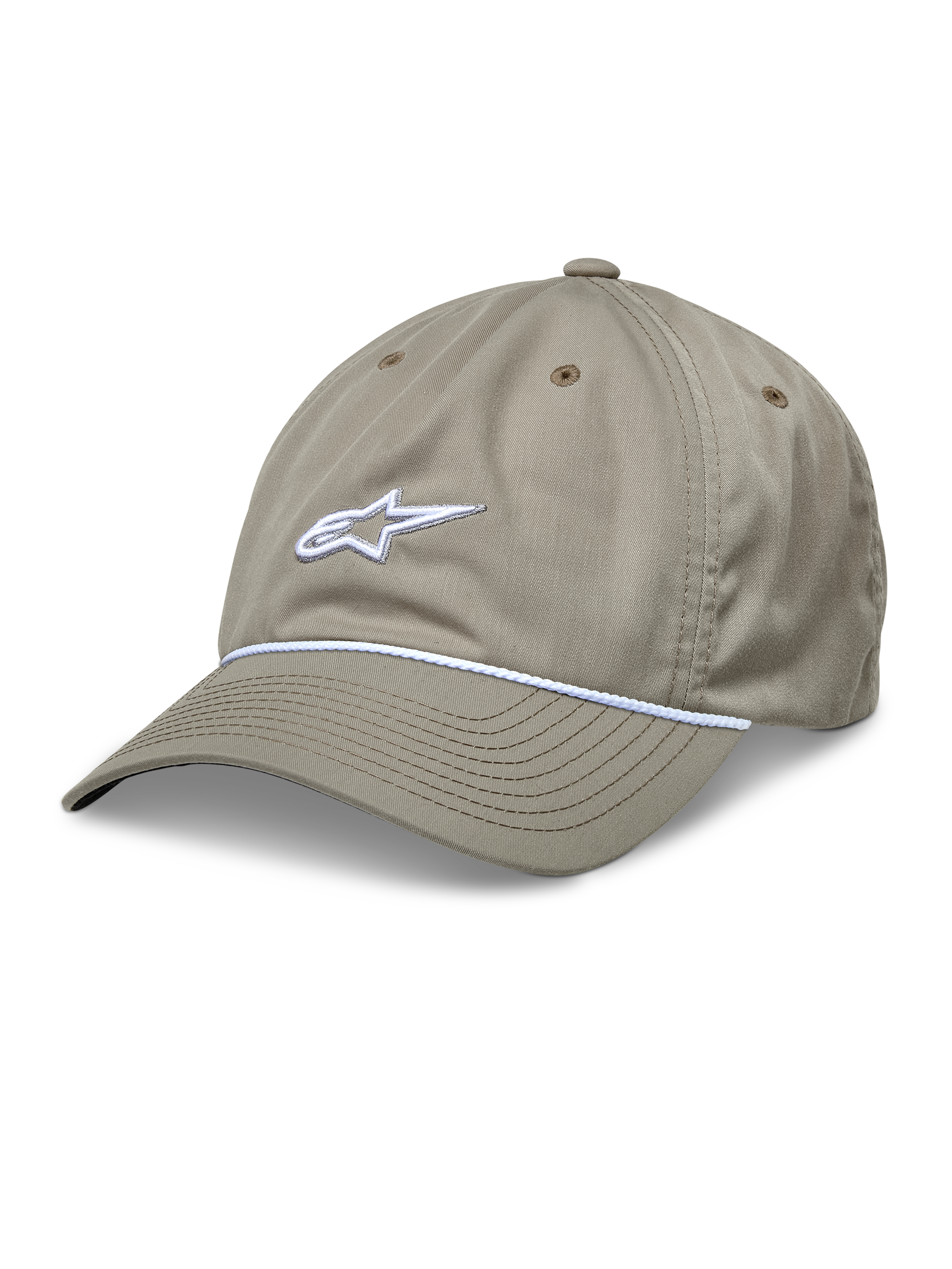 Alpinestars Tyler Hat, Khaki Baseball Cap, featuring a white 3D embroidered logo and white braided rope trim, unstructured low crown with a curved bill, and six-panel recycled twill construction with ventilation holes.