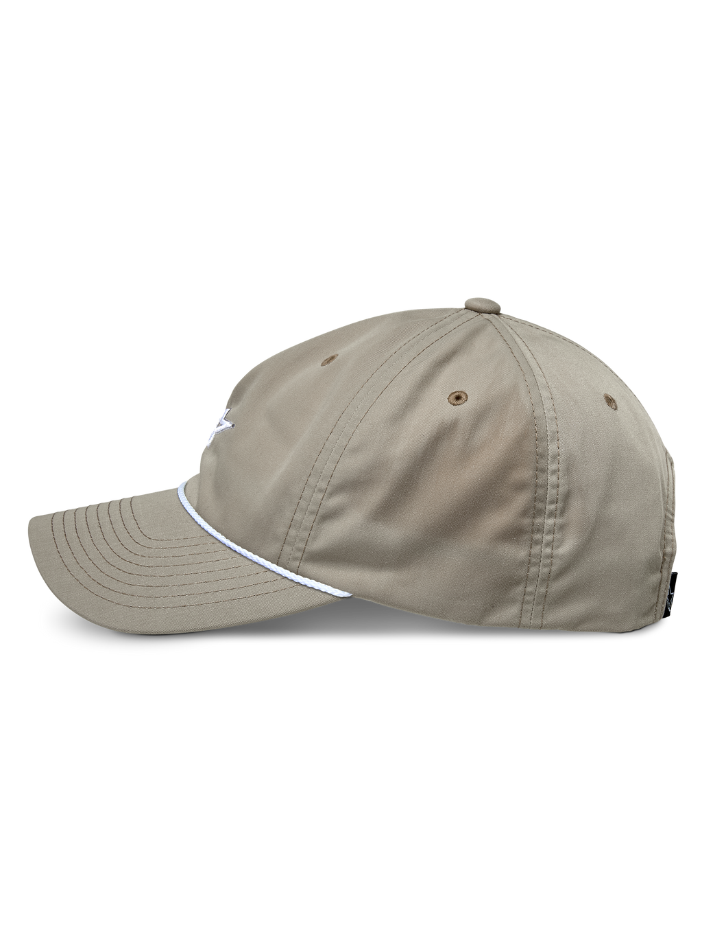 Casquette Alpinestars Tyler, kaki, vue de profil montrant la visière courbée et la garniture en corde tressée blanche, casquette à couronne basse non structurée, sportswear décontracté