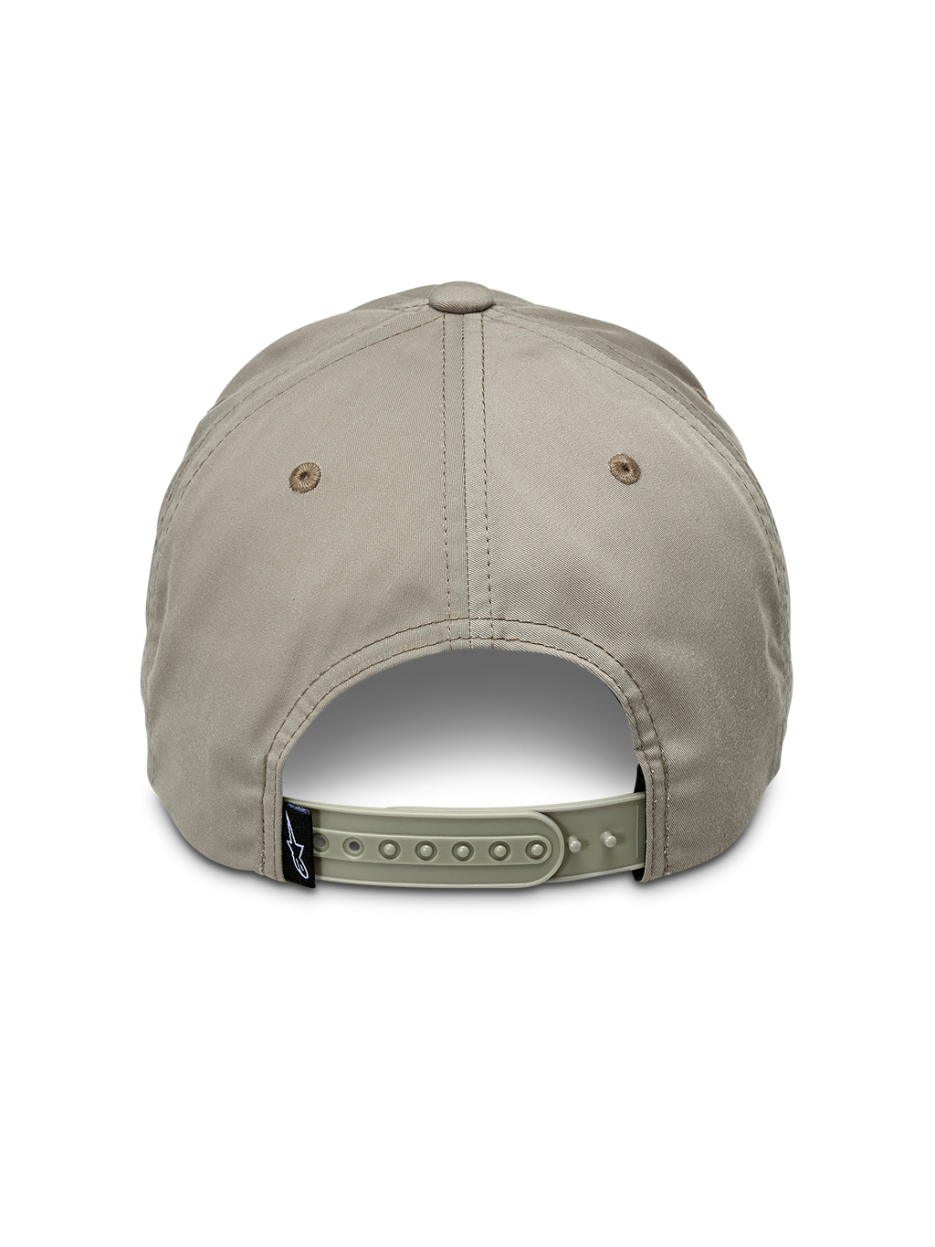 Casquette Tyler Alpinestars, Kaki, vue arrière montrant la fermeture snapback réglable et la petite étiquette noire de la marque, design à couronne basse non structurée en sergé recyclé, casquette sportswear décontractée