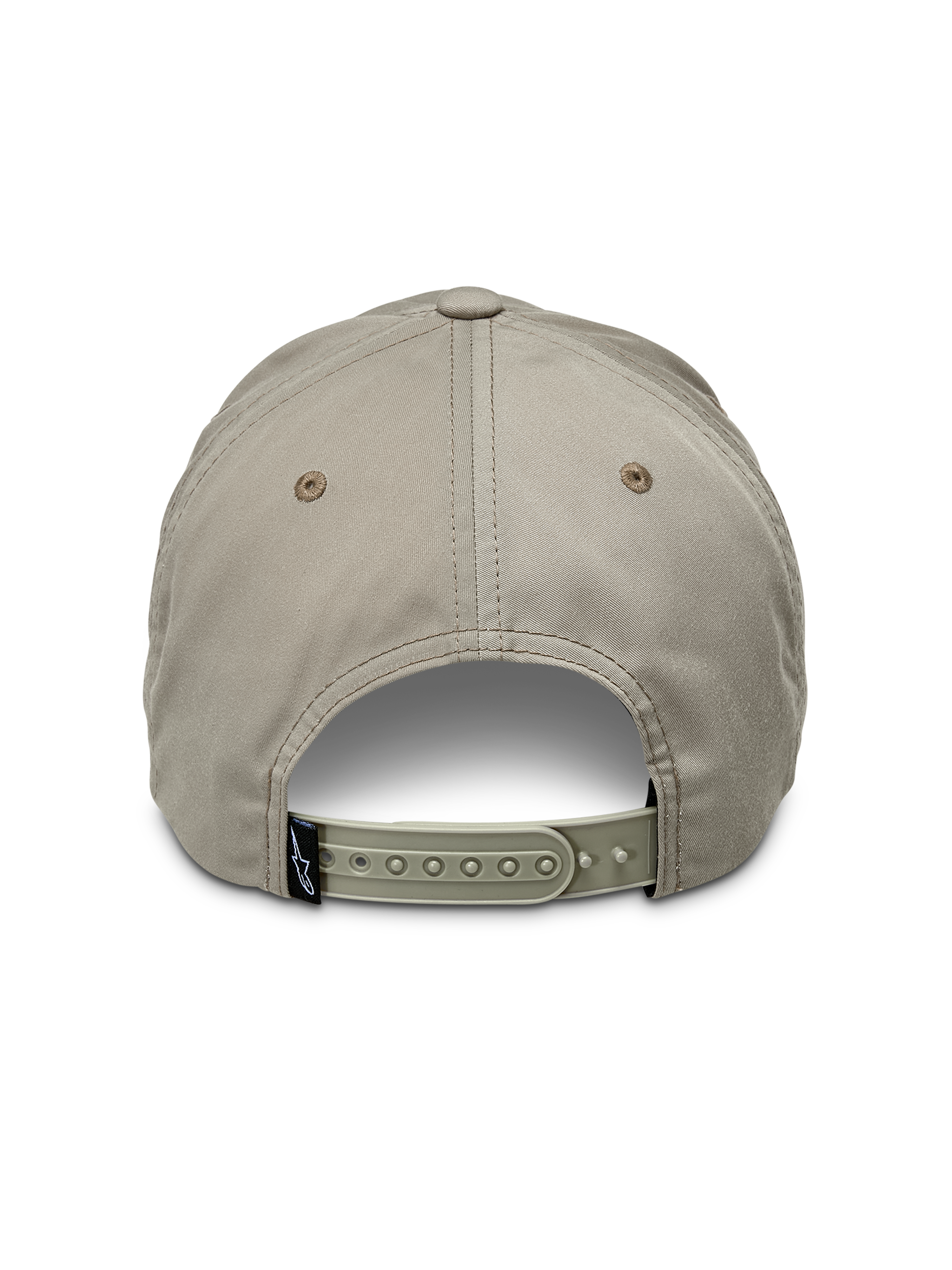 Casquette Tyler Alpinestars, Kaki, vue arrière montrant la fermeture snapback réglable et la petite étiquette noire de la marque, design à couronne basse non structurée en sergé recyclé, casquette sportswear décontractée