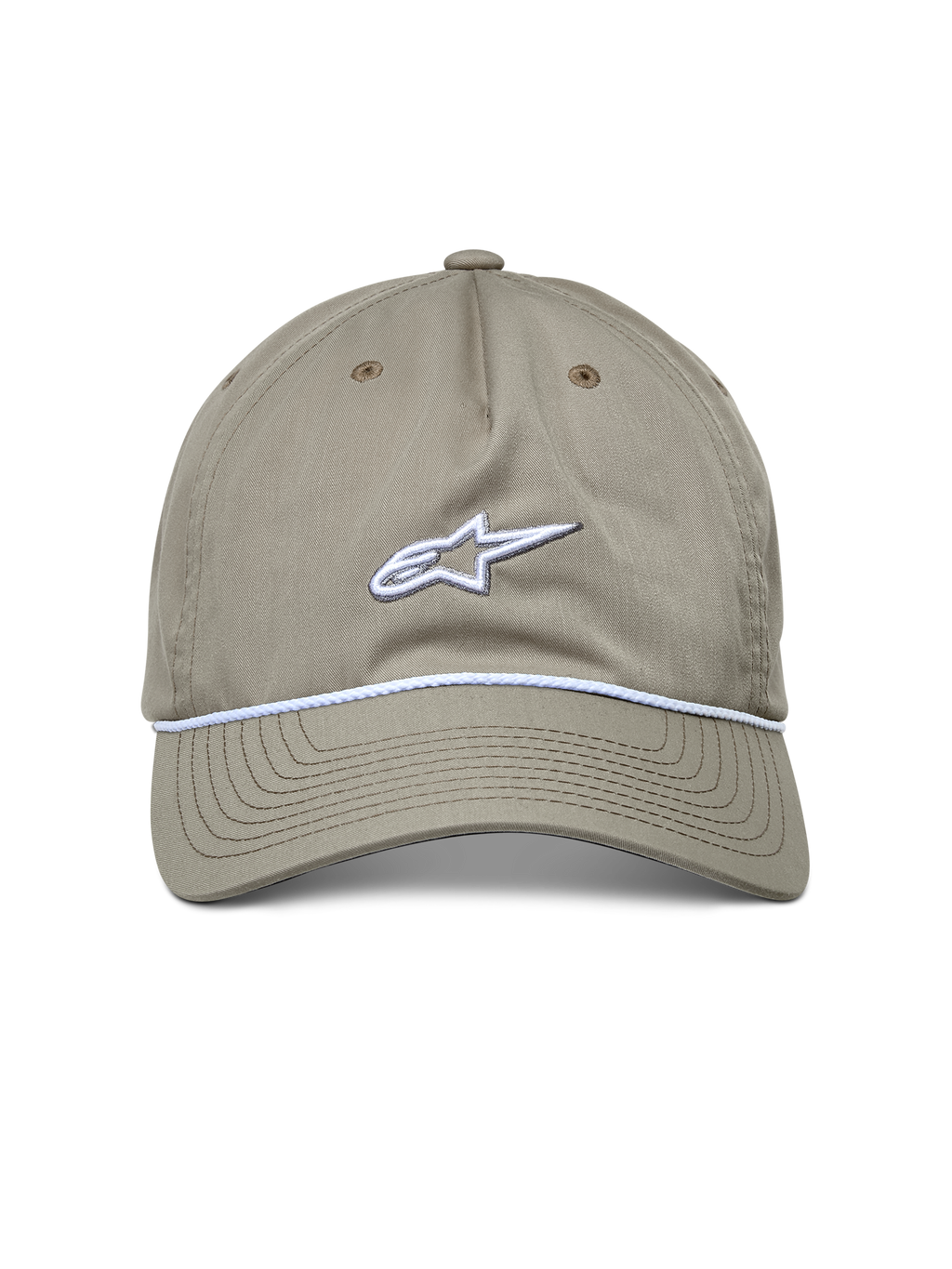 Casquette Alpinestars Tyler, casquette sportswear décontractée, kaki, vue de face avec logo brodé blanc et garniture en corde tressée, visière courbée, design à couronne basse