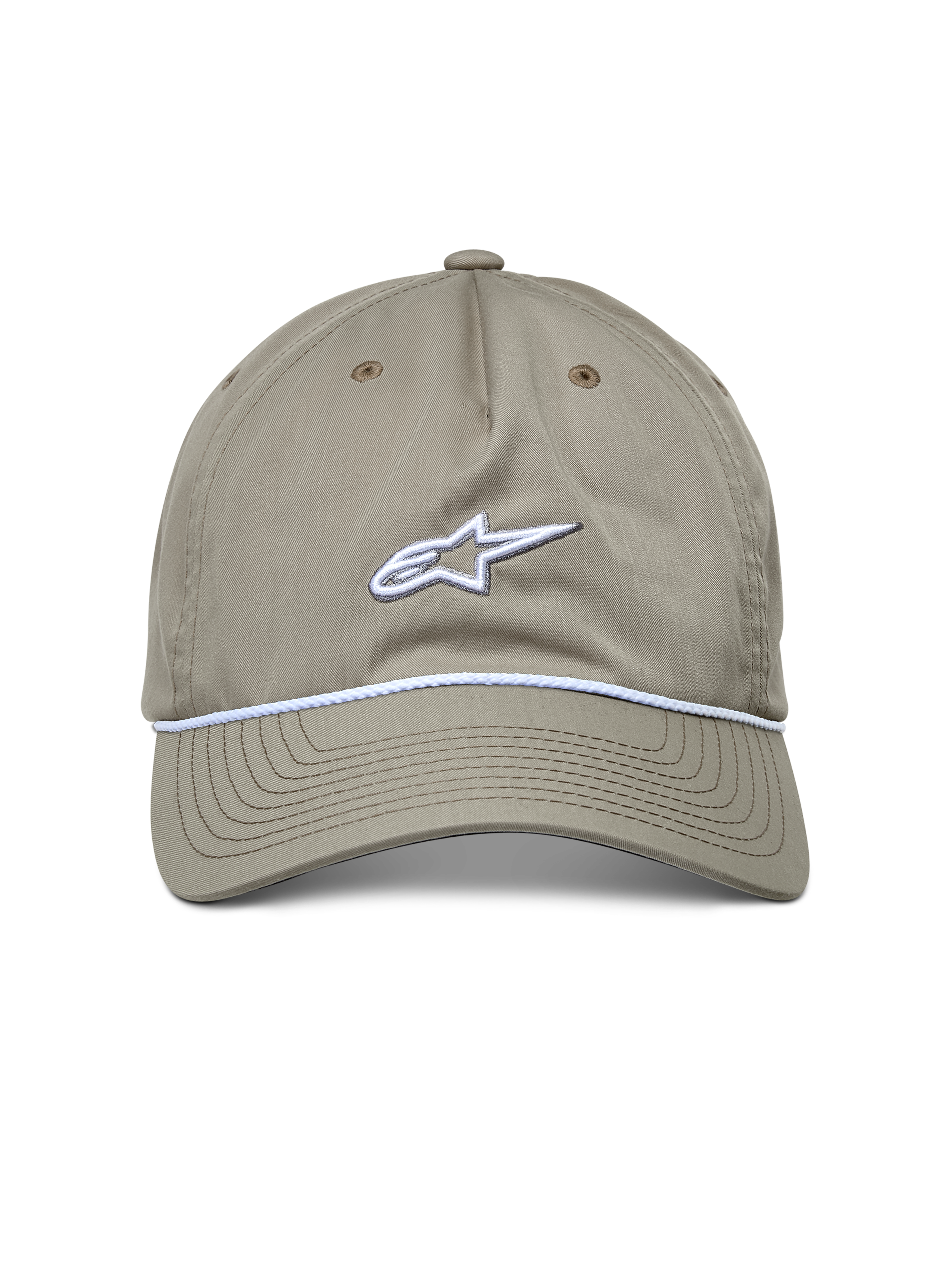 Casquette Alpinestars Tyler, casquette sportswear décontractée, kaki, vue de face avec logo brodé blanc et garniture en corde tressée, visière courbée, design à couronne basse
