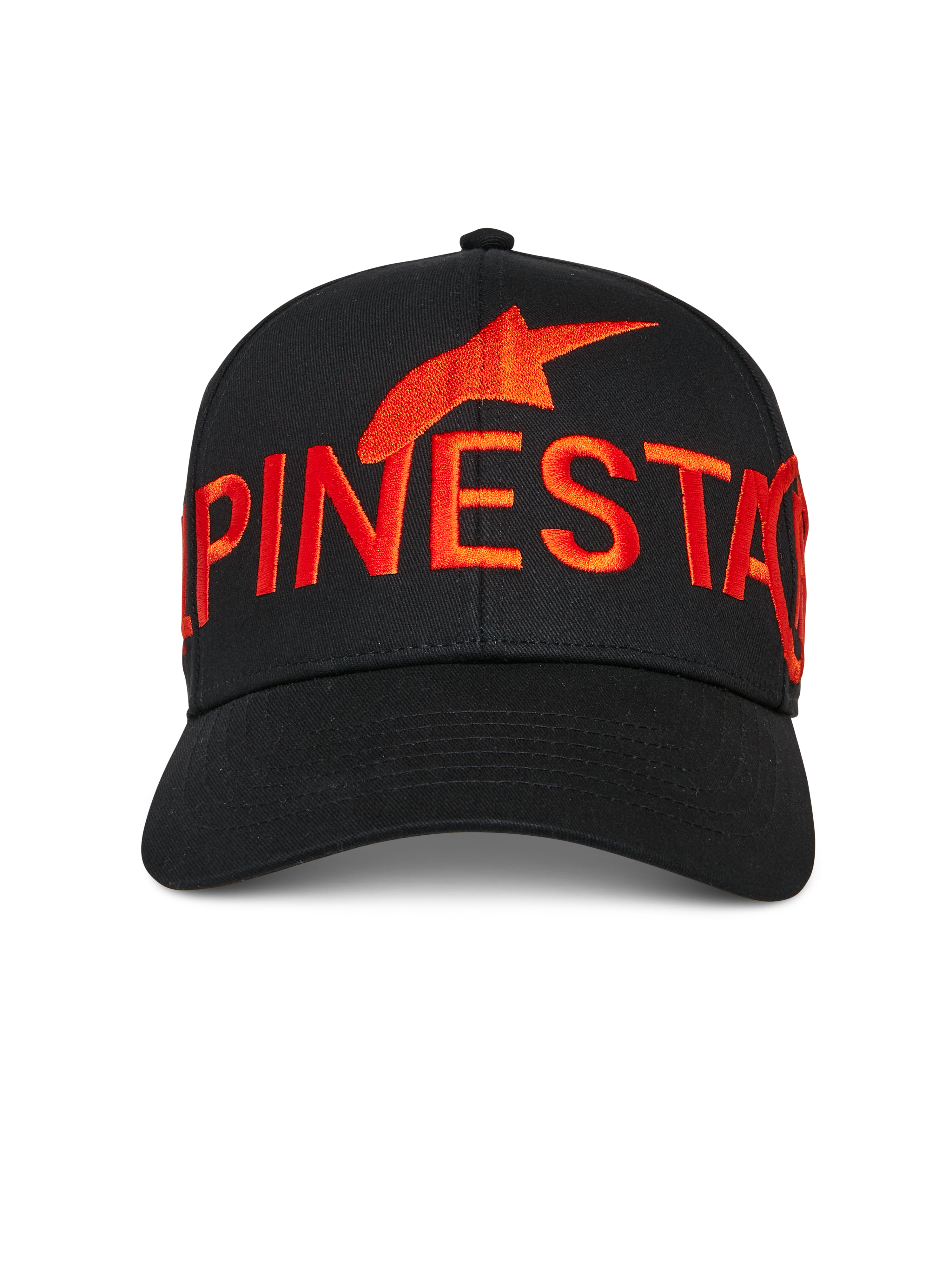 Alpinestars Committed pet, zwarte snapback baseballcap, groot rood geborduurd Alpinestars logo en tekst op de voorkant, gebogen klep, gestructureerde kroon, casual motorsport streetwear