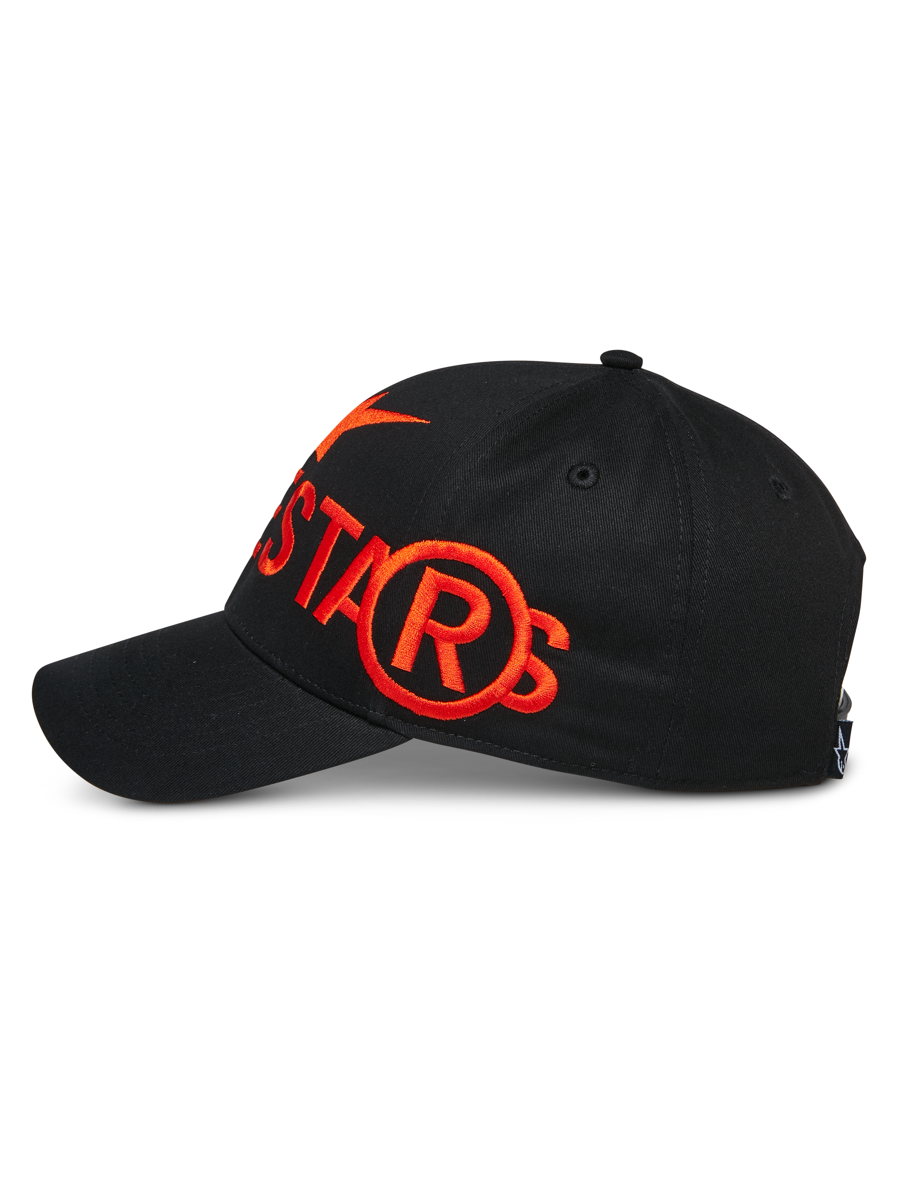 Alpinestars Committed pet, zwarte snapback baseballpet, zijaanzicht met groot oranje plat geborduurd logo, gestructureerde kroon met gebogen klep, casual motorsport lifestyle-headwear