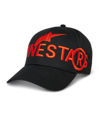 Alpinestars Committed pet, zwarte baseballcap, groot rood geborduurd logo en stersymbool, gebogen klep, gestructureerde kroon, casual sportswear lifestyle pet