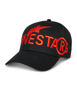Alpinestars Committed Cap, schwarze Baseball-Cap, großes rotes Sticklogo und Sternsymbol, gebogener Schirm, strukturierte Krone, lässige Sportswear-Lifestyle-Kopfbedeckung