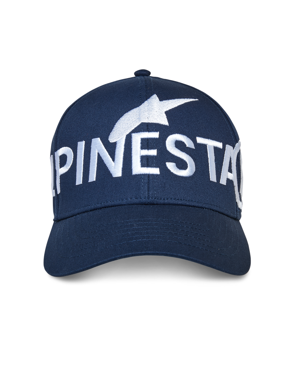 Alpinestars Committed pet, marineblauw, snapback baseballcap, met een groot wit geborduurd Alpinestars-logo op de voorkant, gestructureerde kroon met een gebogen klep, casual motorsport streetwear