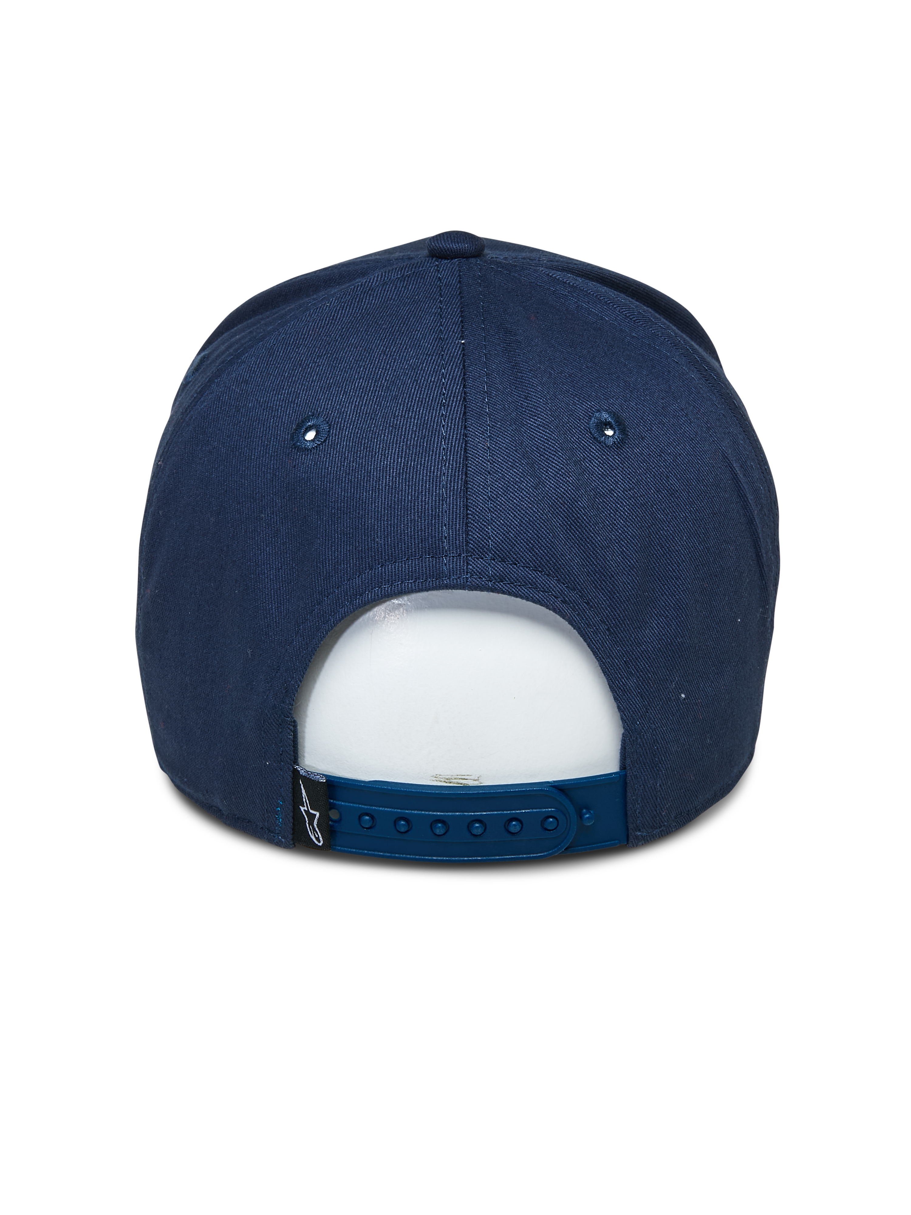 Alpinestars Committed pet, marineblauw, snapback baseballpet, achteraanzicht, voorzien van verstelbare plastic sluiting en klein zwart logolabel, casual motorsport-geïnspireerde hoofdbedekking